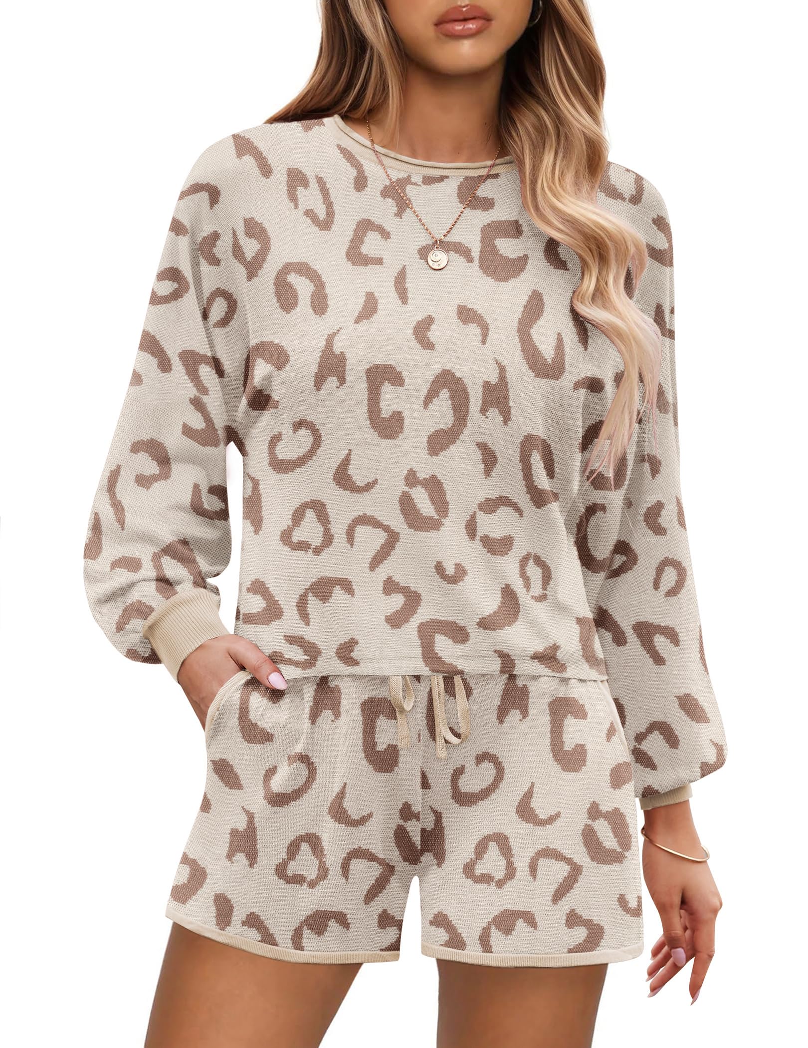 Ekouaer Women's Soft Comfy Lounge Set - Long Sleeve Cropped Sweater & Shorts 2-Piece Pajama Outfit | Cute Sleepwear for Home, Relaxing & Lounging