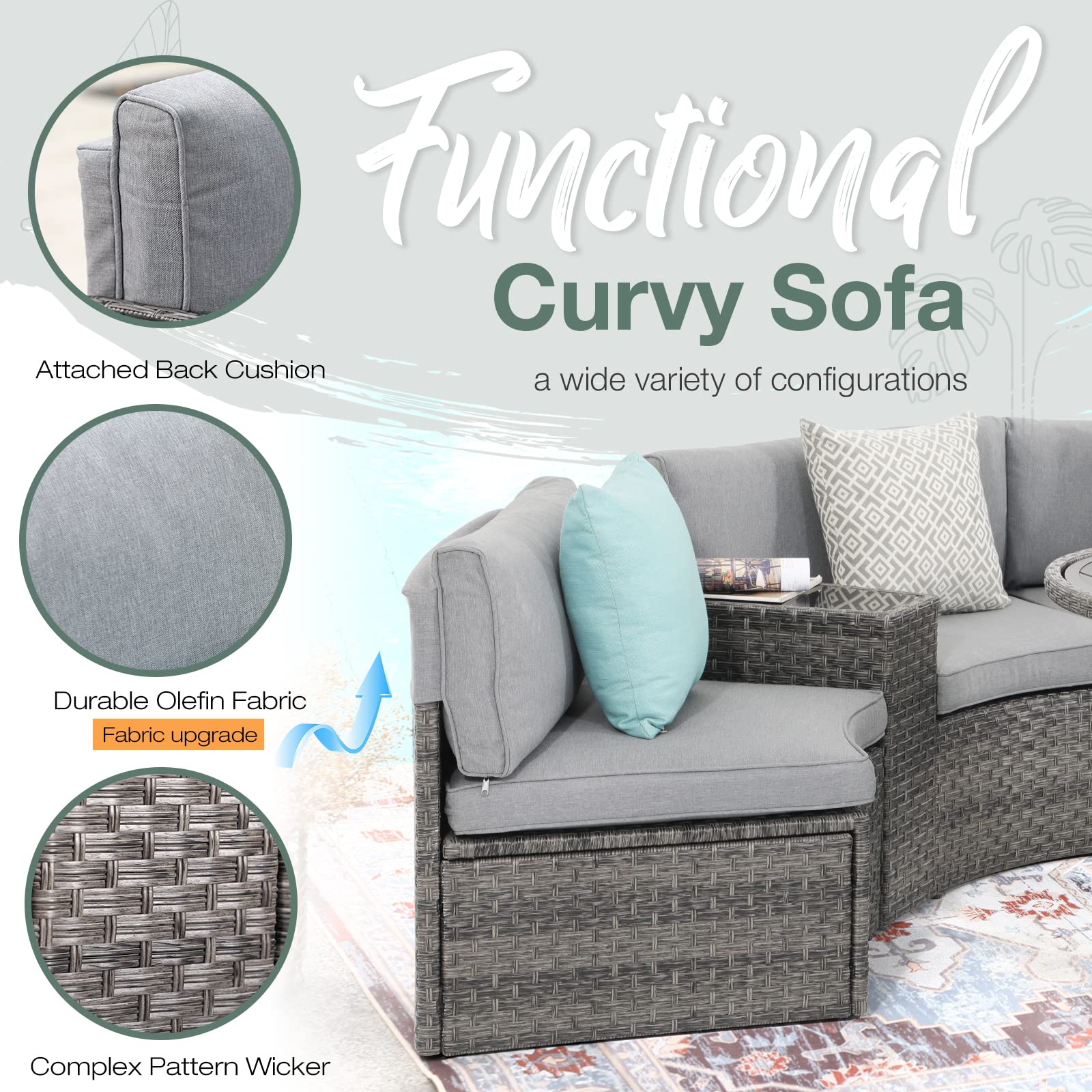SUNSITT 2-Piece Half Moon Patio Furniture Set - Curved Outdoor Wicker Sofa Sectional with Gray Cushions for Garden, Poolside & Backyard Relaxation