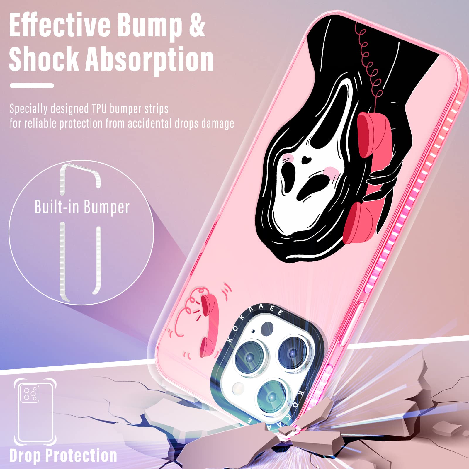 2 in 1 Cute Skull Skeleton iPhone 14 Pro Max Case for Women - Soft TPU Bumper Cover with Ring Holder - Gothic Girly Phone Case for 6.7