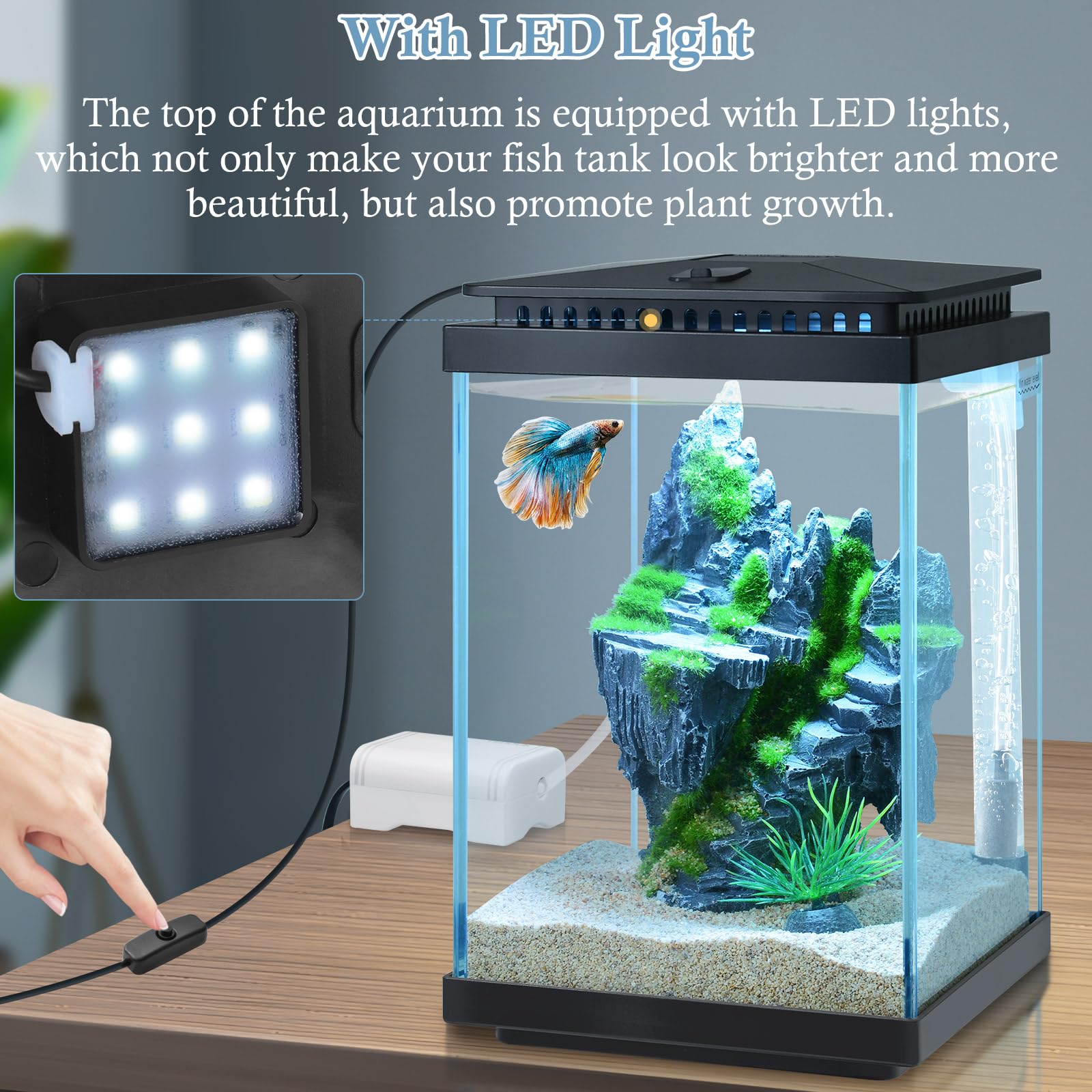FEDOUR 1 Gallon Small Glass Aquarium Tank - Desktop Betta Fish Bowl with LED Light, Air Pump, Water Changer & Fish Net - Complete Mini Aquarium Starter Kit for Home/Office Decor (Black) | Perfect for Betta Fish, Shrimp or Small Aquatic Plants in Bedroom, Living Room or Workspace