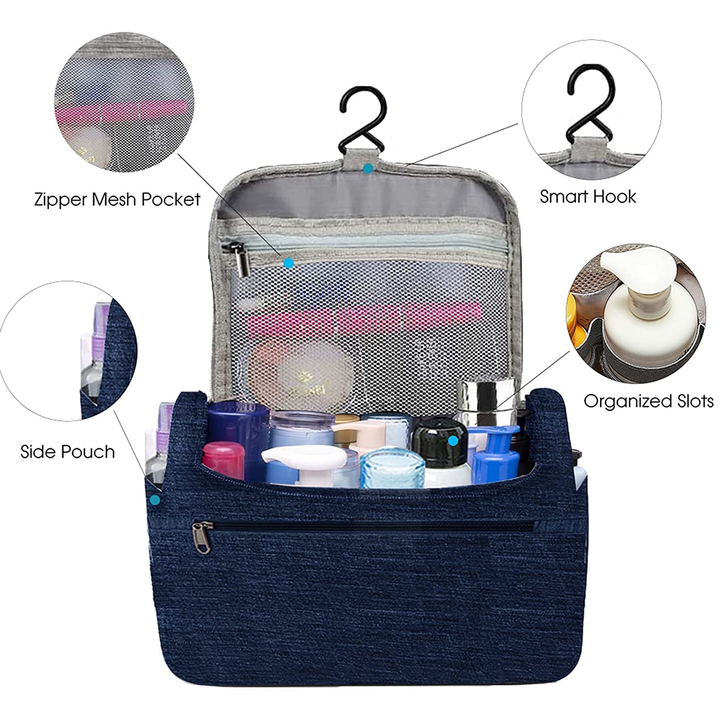 Clopic - Waterproof Travel Toiletry Bag & Makeup Organizer with Hook | Portable Cosmetic Pouch for Women | Perfect for Vacation, Gym & Daily Use (Blue)
