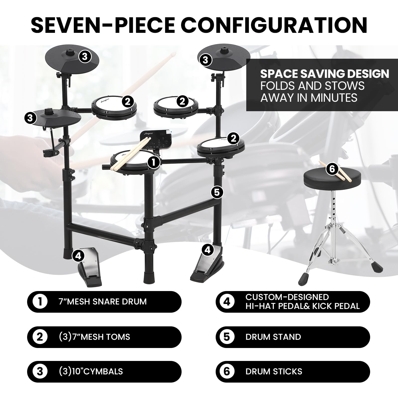 Electric Drum Set for Beginners & Kids - 150 Sounds, 4 Quiet Drum Pads, 2 Pedals, Throne & Headphones Included | Perfect for Home Practice, Music Lessons & Silent Playtime