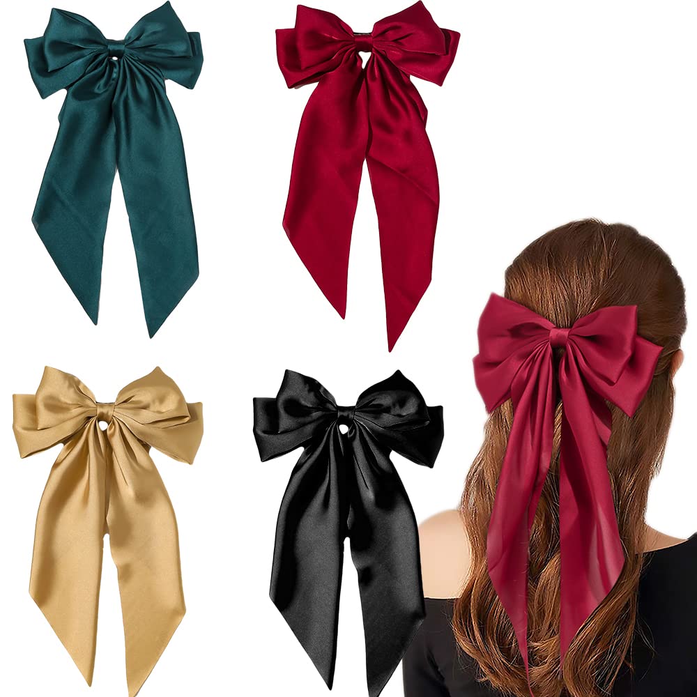Elegant Large Silky Hair Bows for Women & Girls - 4PCS Set of Big Bowknot Hair Clips | Perfect for Parties, Weddings & Everyday Styling