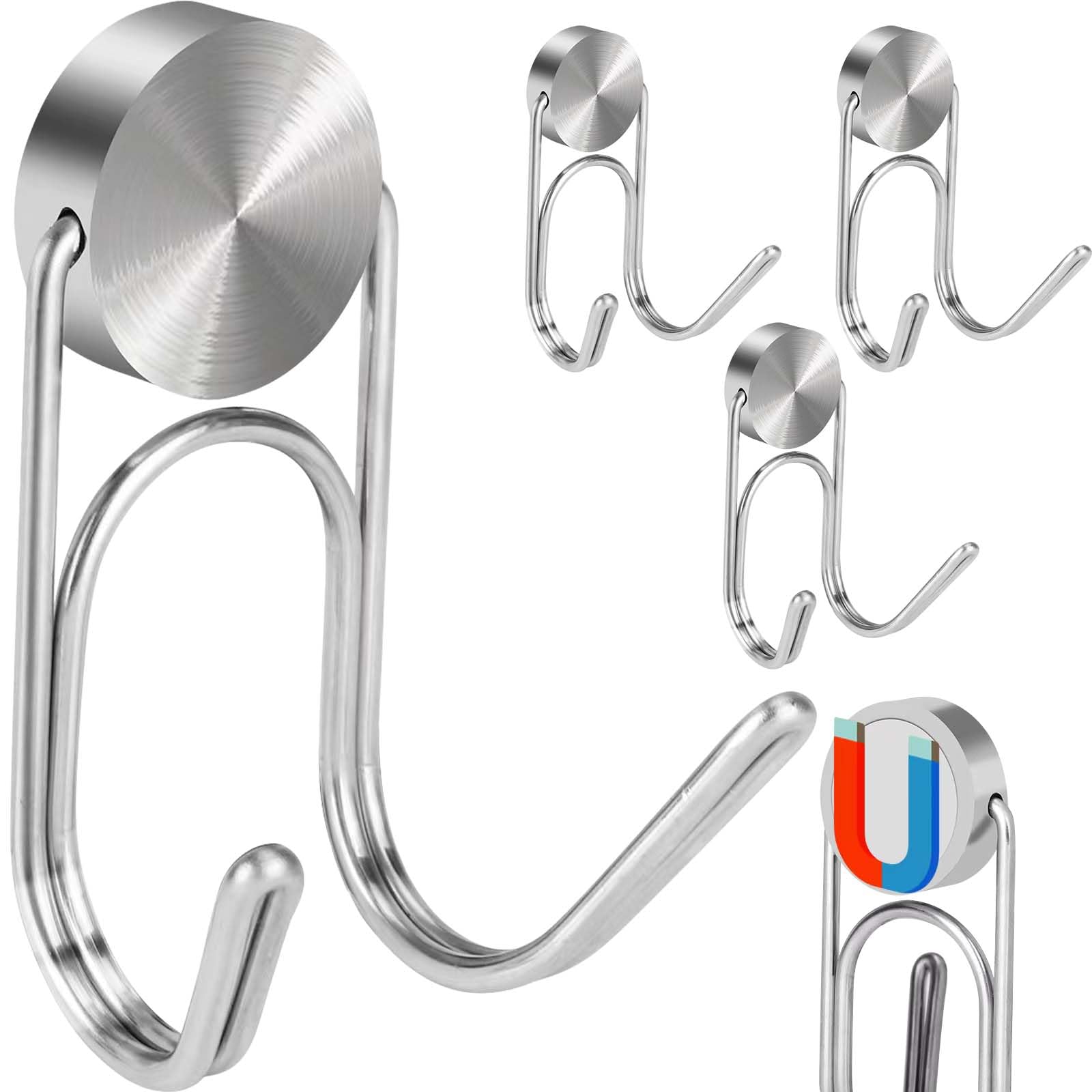 Heavy Duty 304 Stainless Steel Magnetic Hooks - 40Lbs Capacity (4 Pack, Silver) - Strong Refrigerator Magnets for Kitchen, Toolbox, Cabinets, RV & Cruise Ship Essentials - Perfect for Hanging Utensils, Tools & Camping Gear