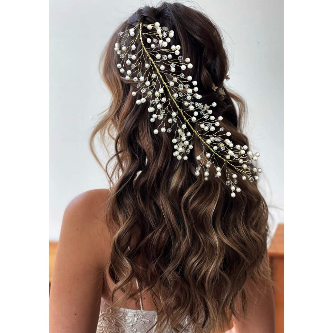 Elegant Pearl & Bead Hair Vine - Bridal Hair Pin for Women, Feather Side Bun Hair Clip for Girls - Perfect for Weddings, Prom & Special Occasions (Pack of 1)