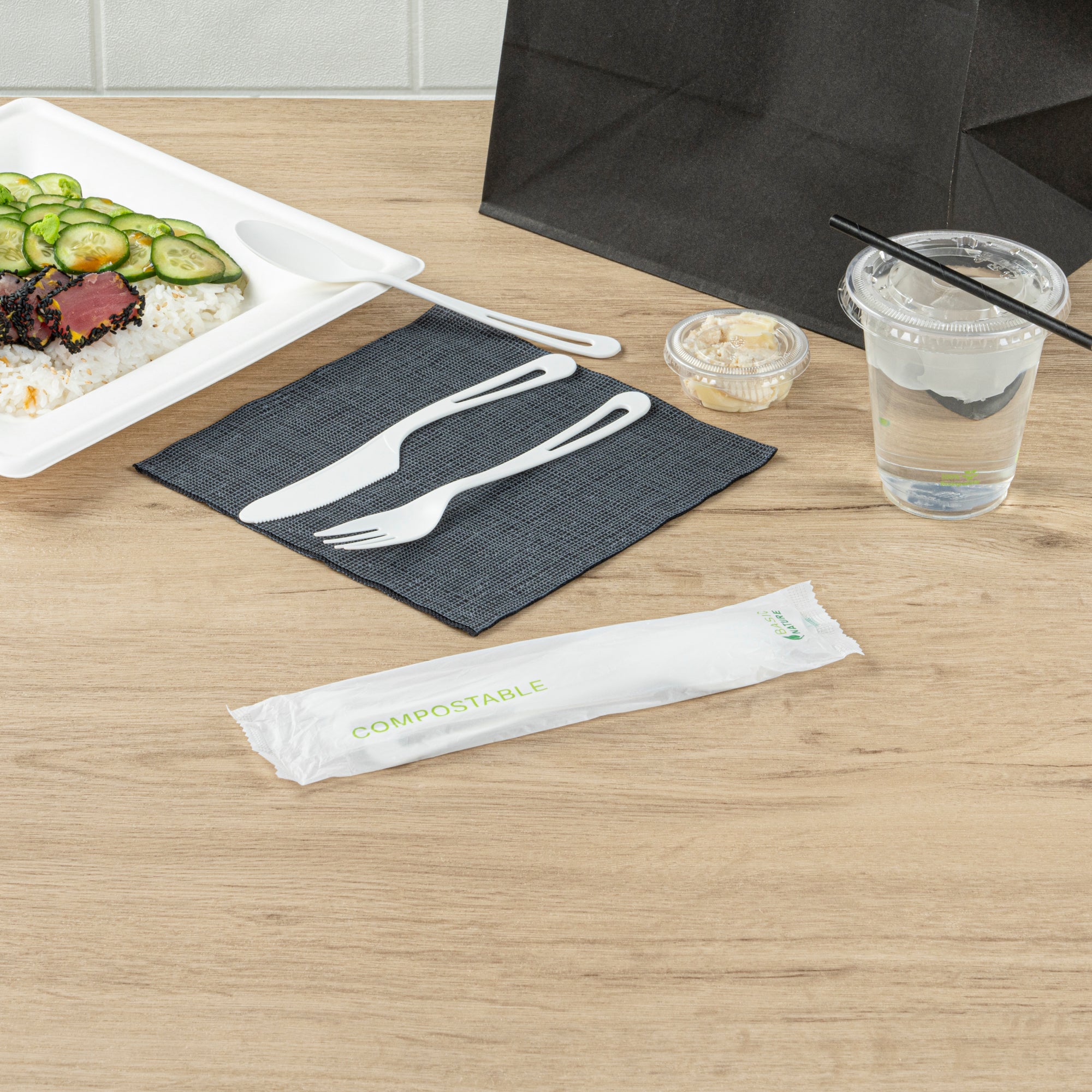 Eco-Friendly White CPLA Plastic Cutlery Set - 100-Piece Compostable Utensils with Heat-Resistant Wrapper (7.5