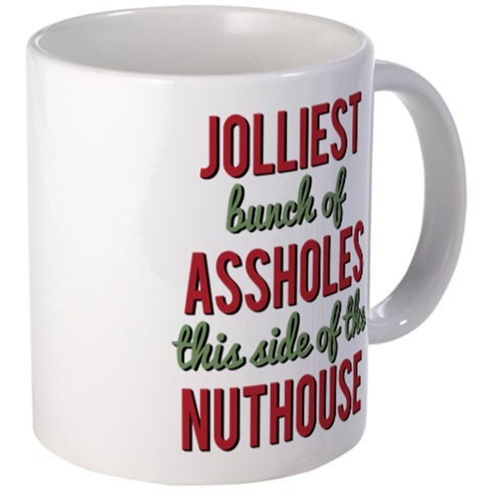 11 oz Funny Christmas Mug - Jolliest Bunch of Assholes Coffee Cup - White Ceramic Mug for Holiday Gifts & Office Humor