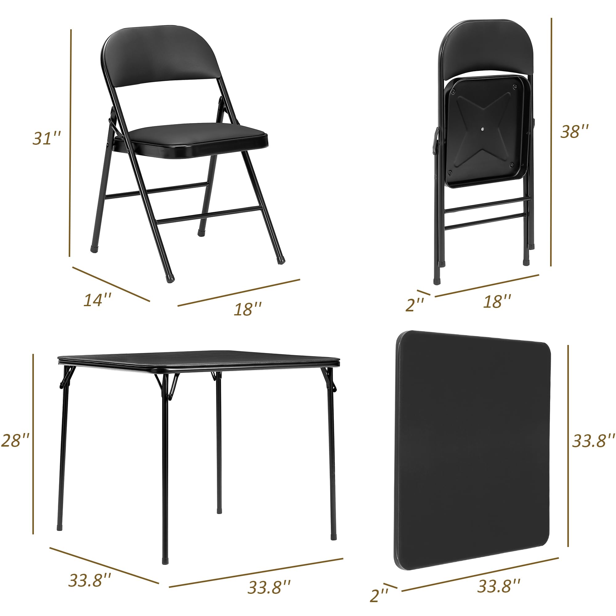 VECELO 5-Piece Folding Card Table and Chair Set - Portable Game Table with Padded Tabletop, No Assembly Required, Black - Perfect for Indoor/Outdoor Parties, Poker Nights, and Family Gatherings