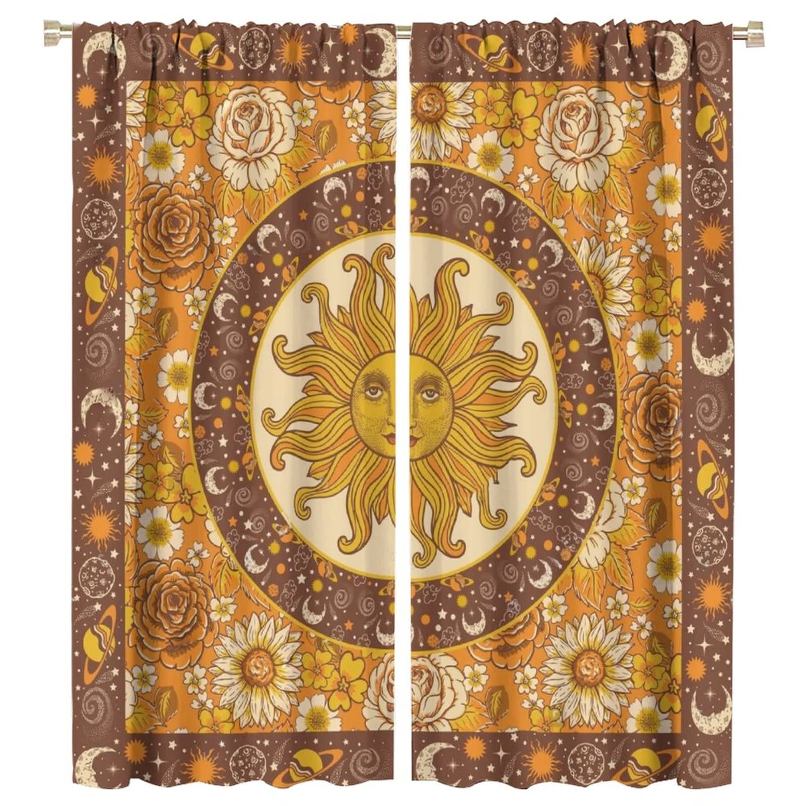 Bohemian Sun Moon Print Blackout Curtains 55x63 Inch - Celestial Body Design for Living Room, Bedroom & Nursery - Light Blocking Thermal Insulated Drapes for Home Decor