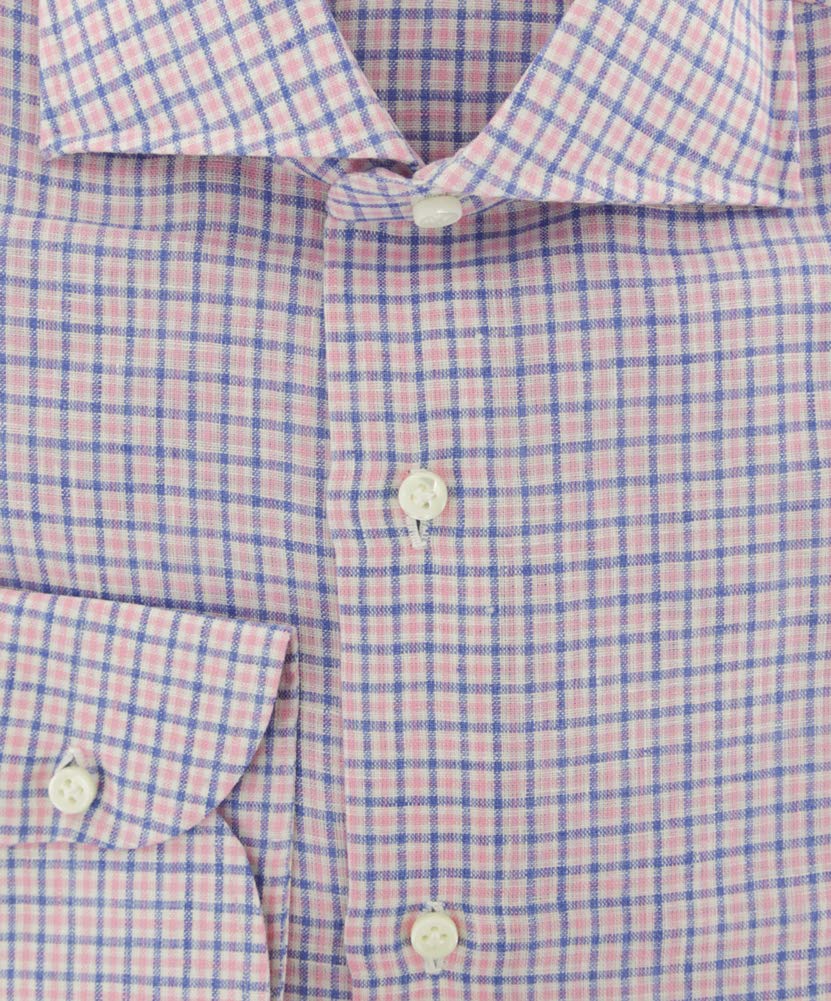 Luigi Borrelli Plaid Pink Linen Button Down Dress Shirt for Men - Wide Spread Collar Formal & Business Casual Wear