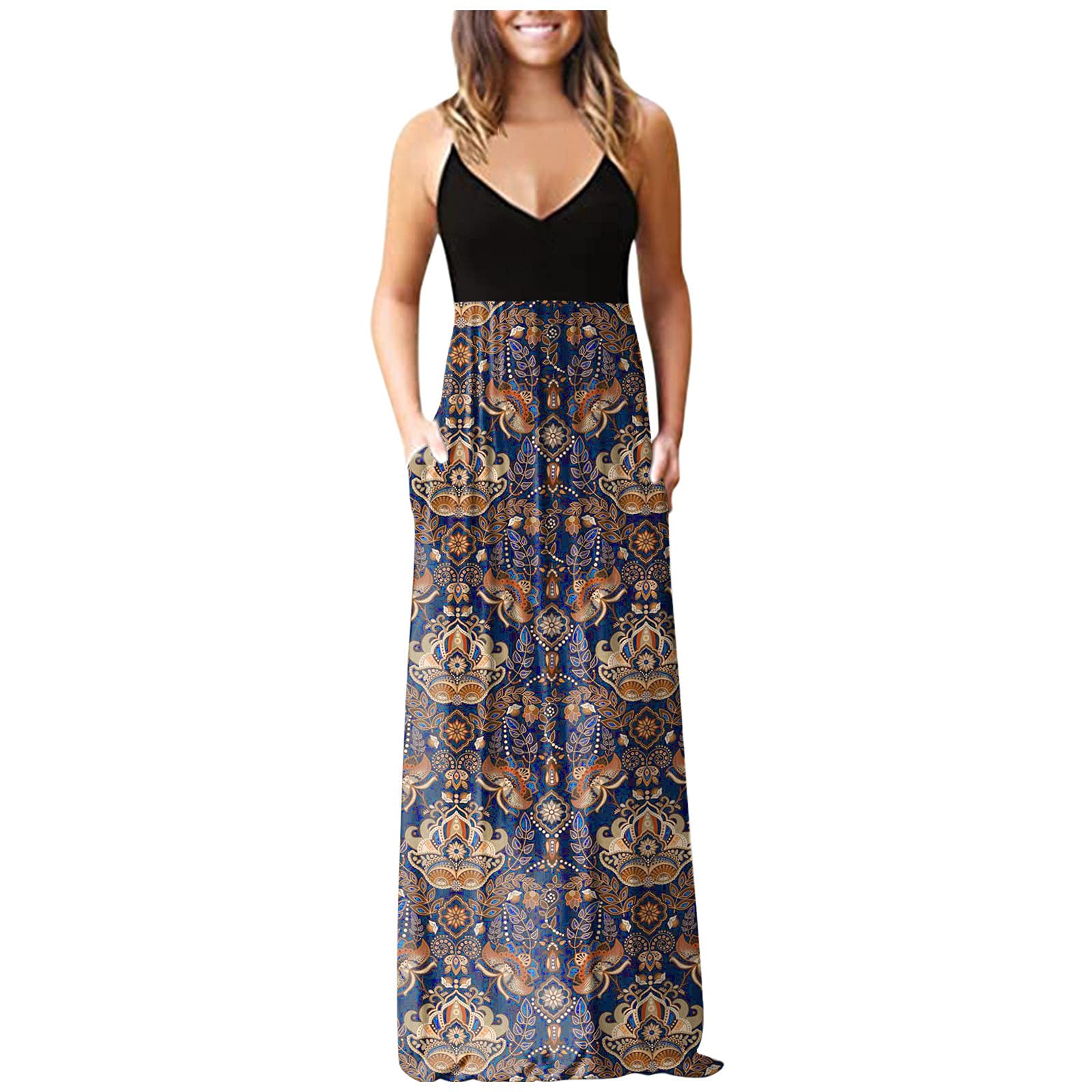 BIBOKAOKE Women's Floral Print Sleeveless Maxi Dress with Pockets - Casual Loose Beach Dress for Summer, Vacations & Outdoor Parties