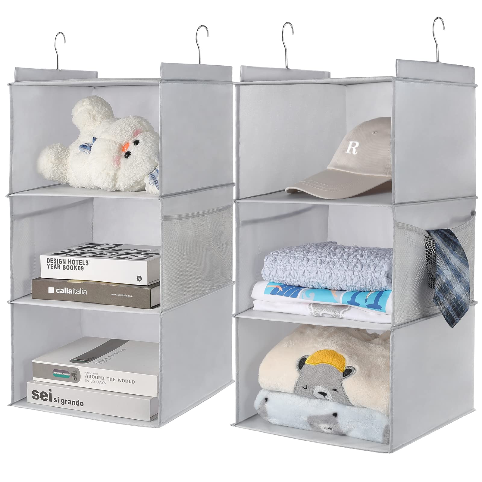 3-Tier Hanging Closet Organizer with Side Pockets - Space-Saving Clothes Storage for Dorm, Bedroom, Nursery & RV - Light Gray Shelves (2-Pack) - Perfect for Small Spaces & Closet Organization