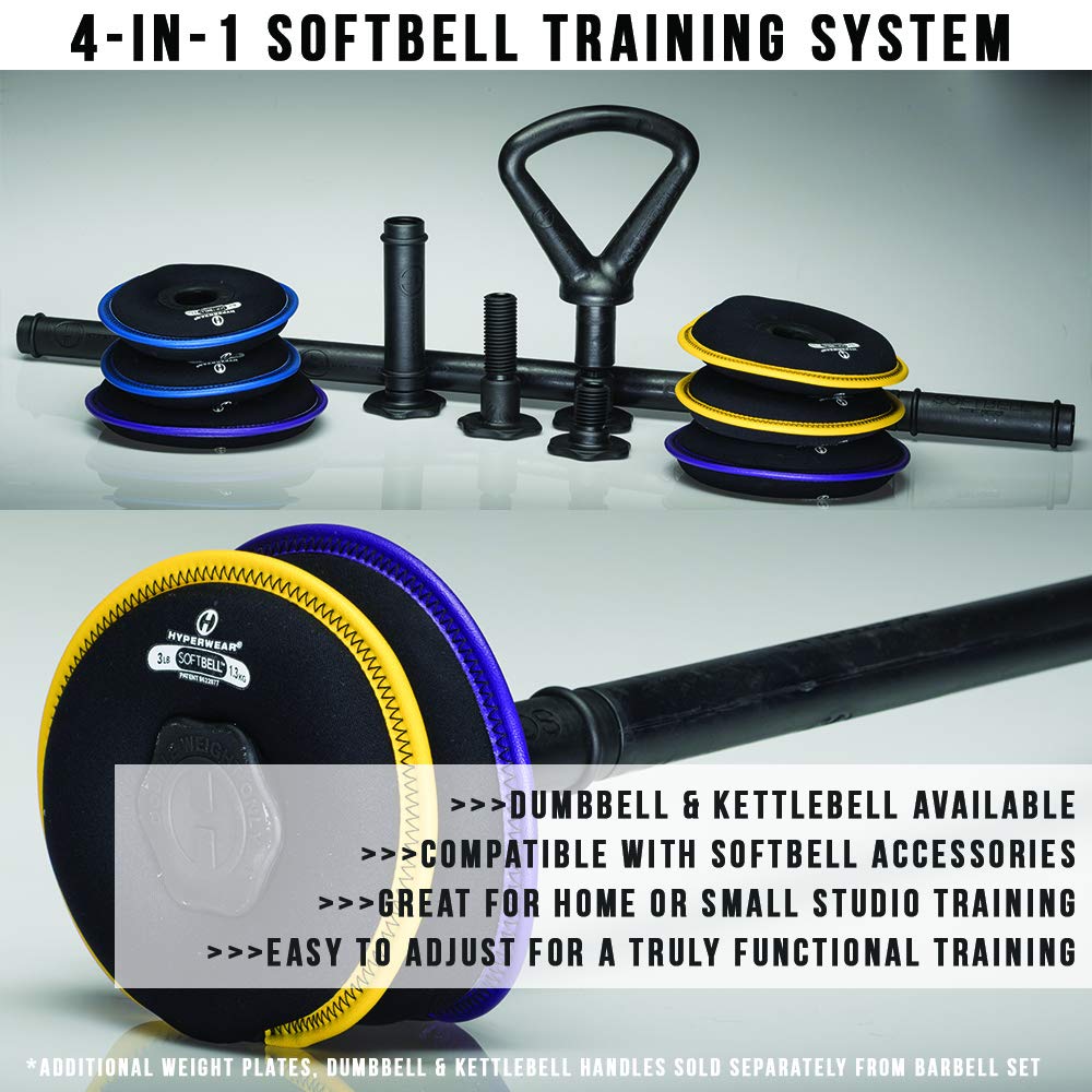 HYPERWEAR Adjustable Barbell Set with Soft Weight Plates - Expandable SoftBell System for Strength Training, Cardio & Home Gym (35 lb Barbell, Up to 60 lbs Capacity) - Perfect for Home Workouts, CrossFit & Functional Fitness Training