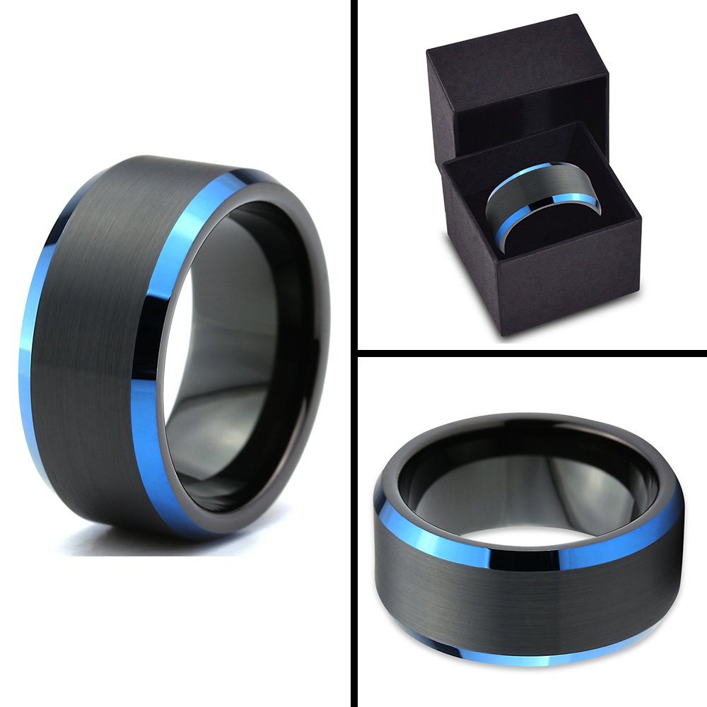 Premium Tungsten Carbide Wedding Band Ring - 10mm Comfort Fit for Men & Women - Blue Black Gunmetal with Blue Beveled Edge - Brushed & Polished Finish - Custom Engraved Anniversary & Engagement Ring - Perfect for Weddings, Proposals & Special Occasions