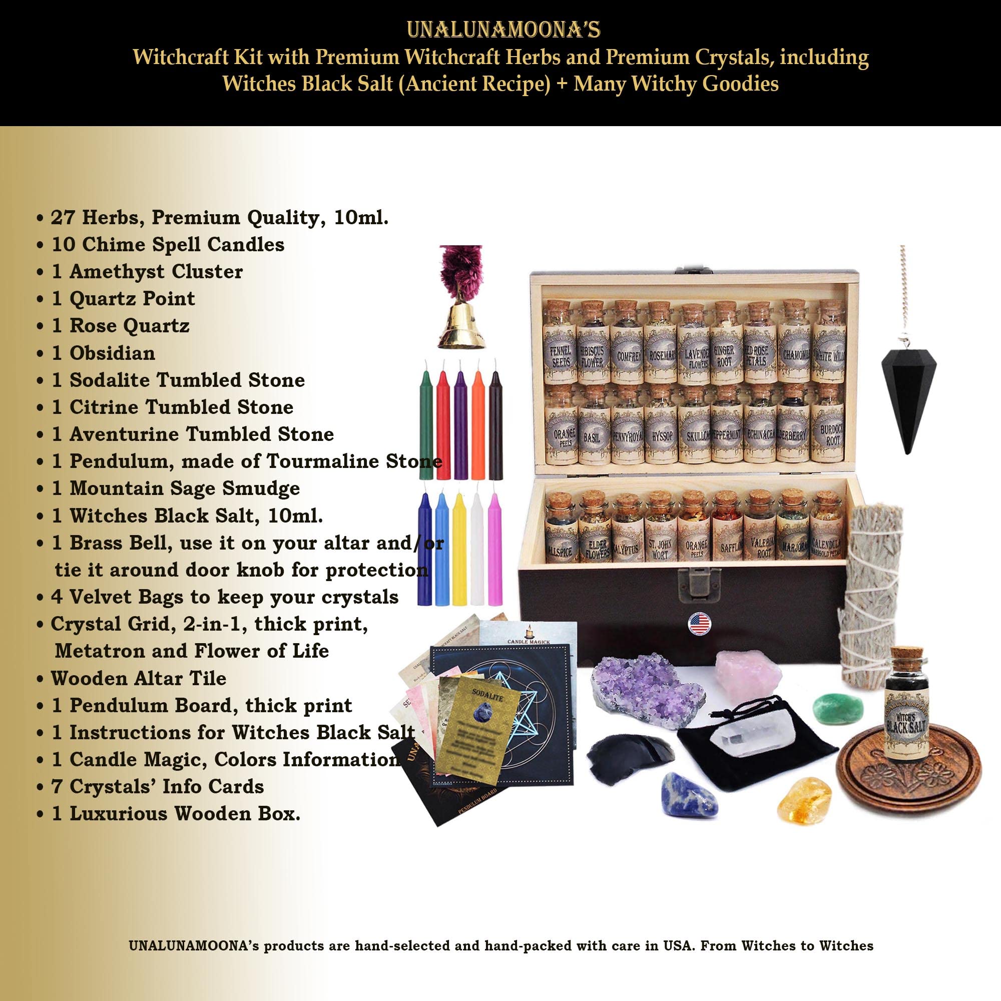 UnaLunaMoona Witchcraft Kit - Wiccan Starter Kit with Crystals, Pendulum & Altar Supplies for Beginners | Perfect for Spells, Rituals & Meditation | Witchcraft Tools, Crystal Grid & Apothecary Set