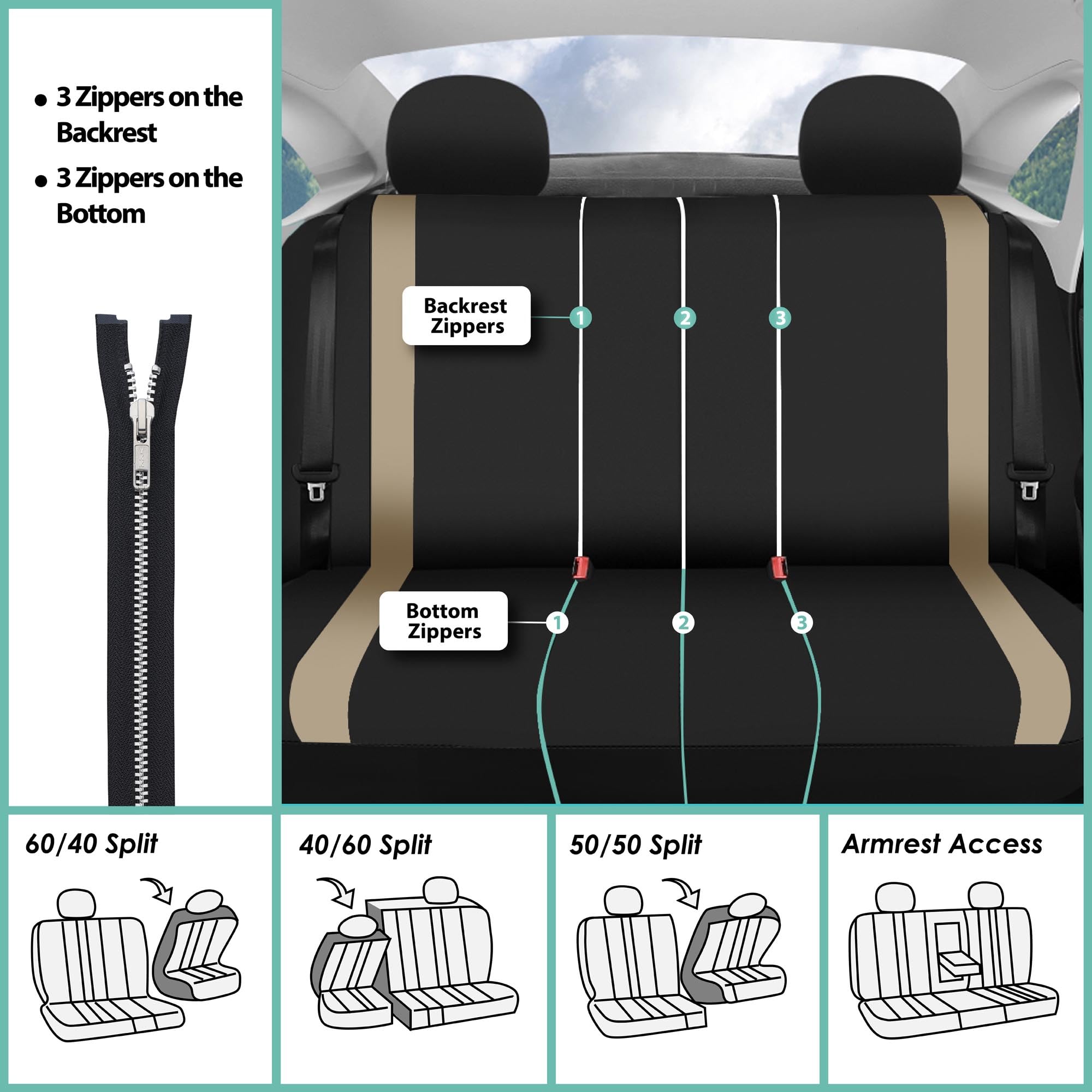 FH Group Universal 3-Row Beige Automotive Seat Covers - Airbag Compatible Split Rear Design for Cars, Trucks & SUVs | Premium Interior Accessories for Comfort & Protection | Perfect for Road Trips, Family Travel & Daily Commute