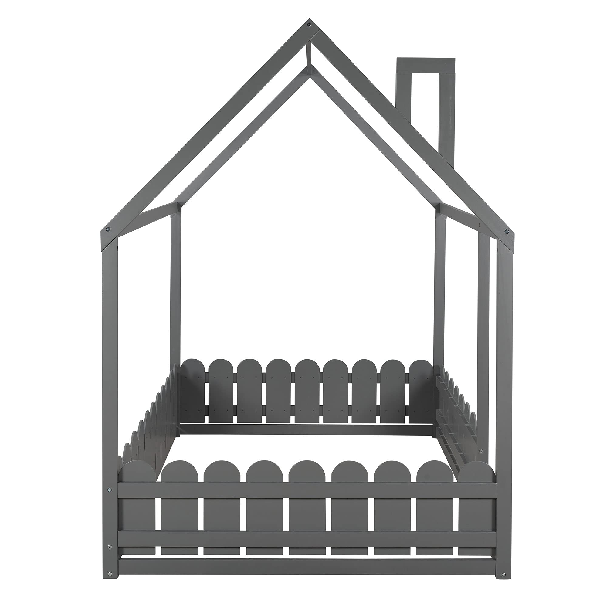 Kids House Bed with Fence-Shaped Guardrails - Twin Size Floor Bed for Toddlers, Teens, Boys & Girls - High Weight Capacity - Full Size Gray Bed Frame - Perfect for Bedrooms, Playrooms & Sleepovers