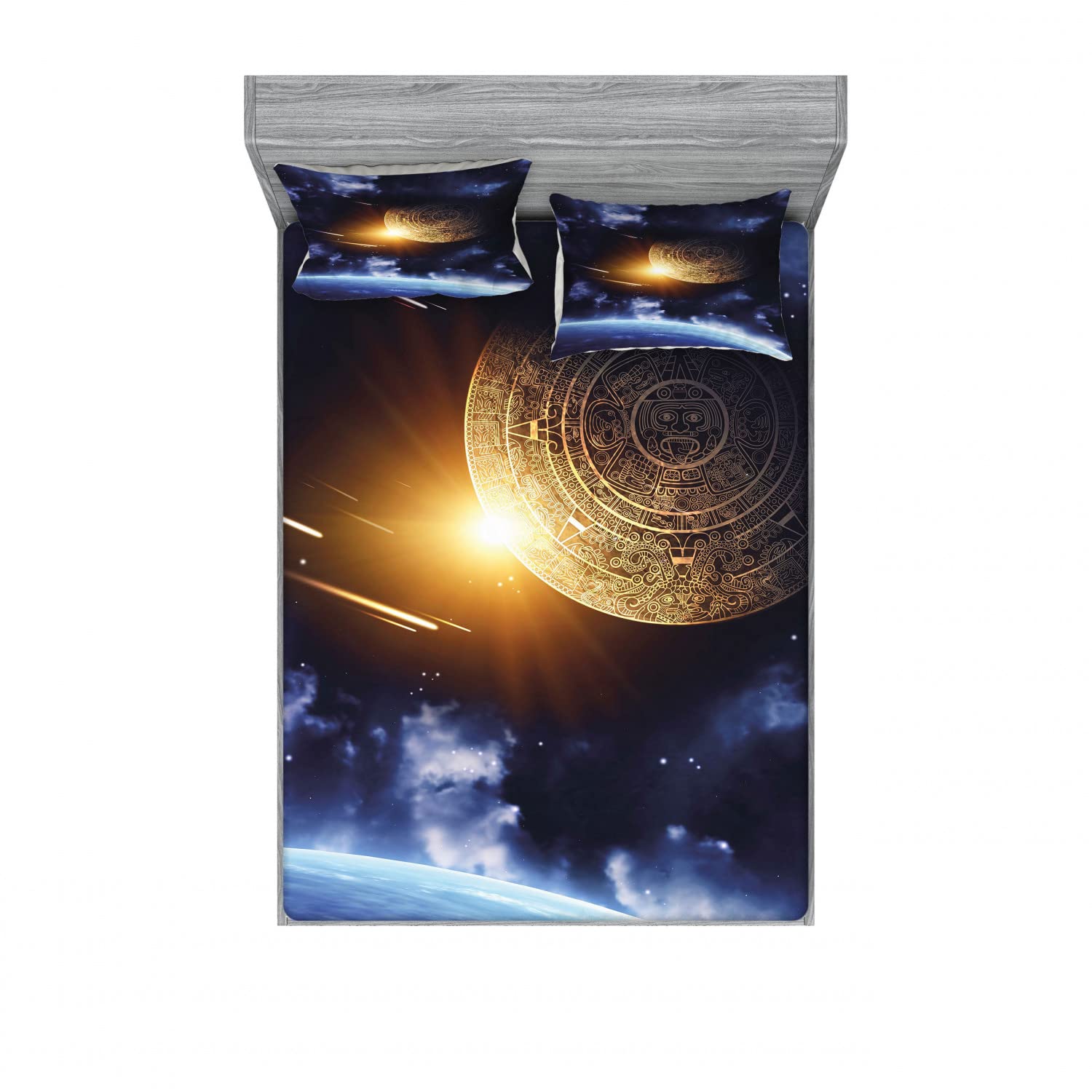Ambesonne Space Themed 2-Pack Full Size Fitted Sheet Set with 4 Pillow Shams - Earth Landscape Design in Blue & Yellow - Bedding Decor for Kids Room, Dorm, or Space Enthusiast's Bedroom