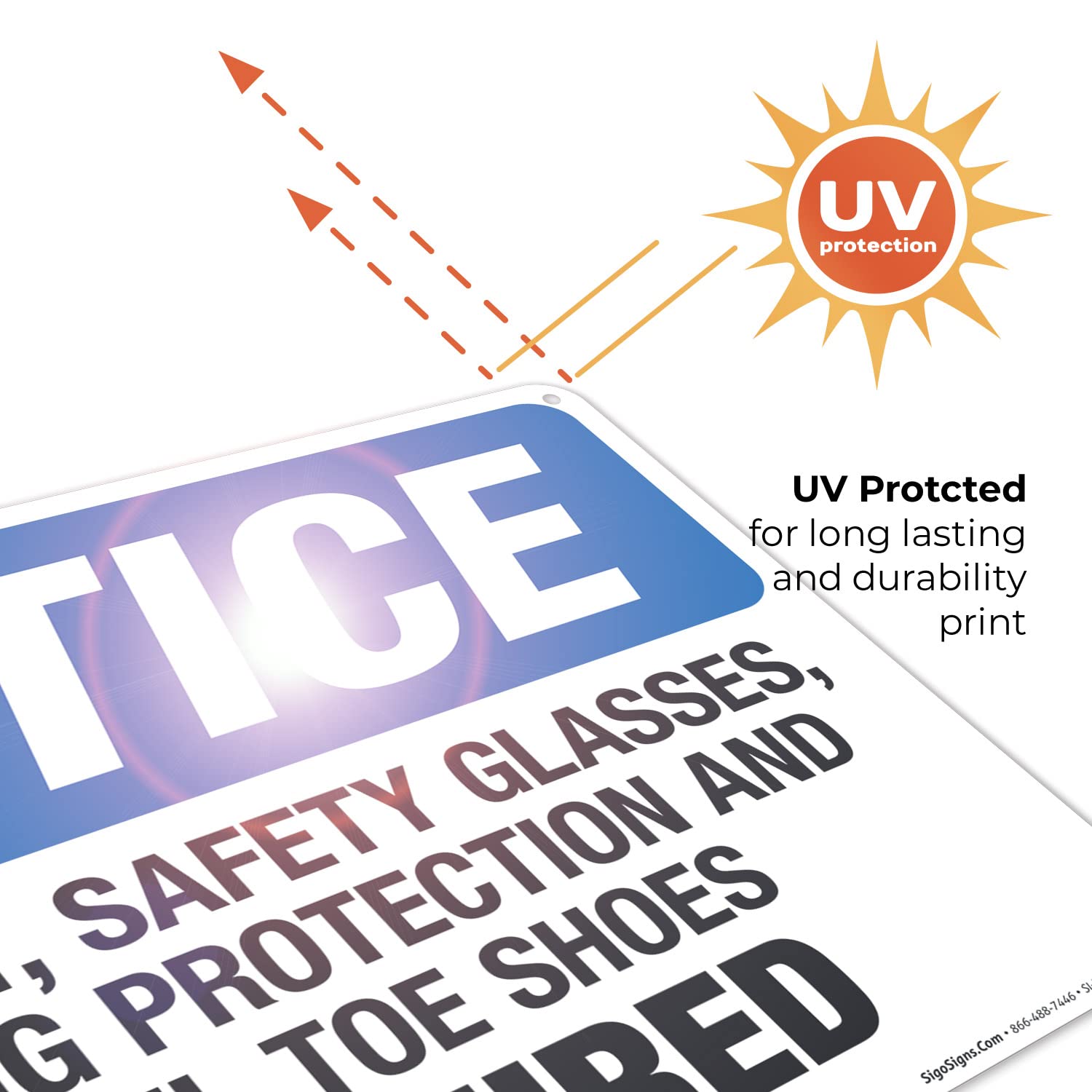 OSHA Compliant Safety Sign - Hard Hat, Safety Glasses, Hearing Protection & Steel Toe Shoes Required - 10x14 Inch Rust-Free .040 Aluminum Sign - Fade Resistant for Indoor/Outdoor Use - Made in USA - Perfect for Construction Sites, Warehouses & Industrial Workplaces