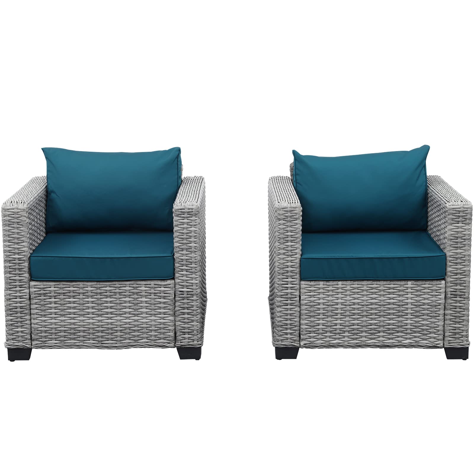 Rattan Patio Single Sofa Chairs Set of 2 - Outdoor Wicker Accent Furniture with Anti-Slip Cushions & Waterproof Cover - Peacock Blue - Perfect for Garden, Poolside, and Backyard Relaxation