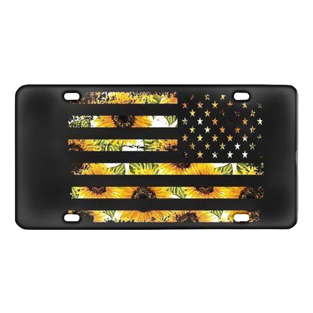 Vintage Sunflower American Flag Car License Plate Cover - Custom Novelty Auto Tag for Cars, Trucks & SUVs - Unique Vehicle Decorative Gift for Men, Women, Boys & Girls - Perfect for 4th of July, Memorial Day & Patriotic Car Decor