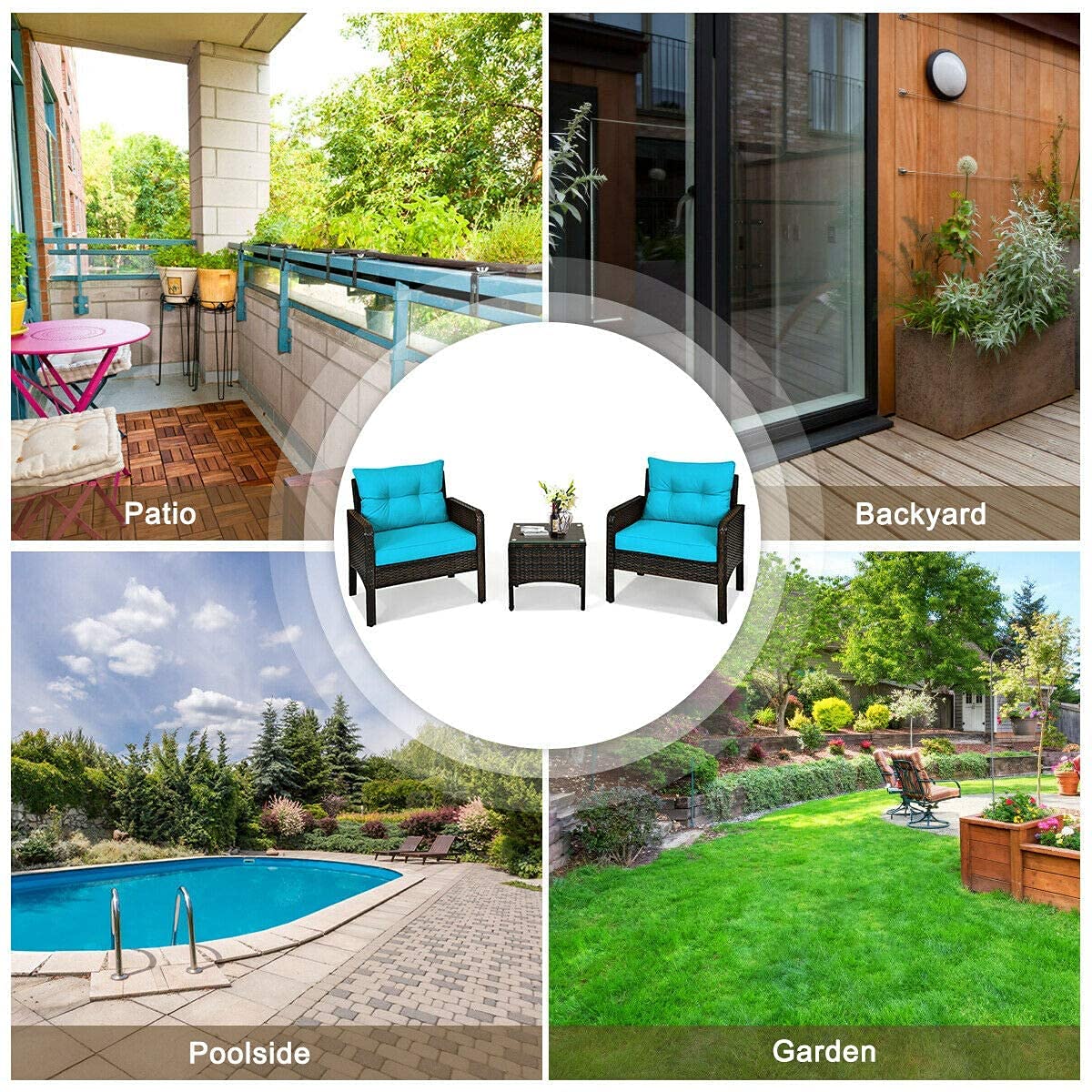 Rainfally 3-Piece All-Weather Wicker Patio Furniture Set with Cushions & Coffee Table - Outdoor Rattan Sofa Conversation Set for Garden, Lawn, Poolside, Backyard (Turquoise) - Perfect for Relaxing, Entertaining & Lounging in Your Outdoor Space