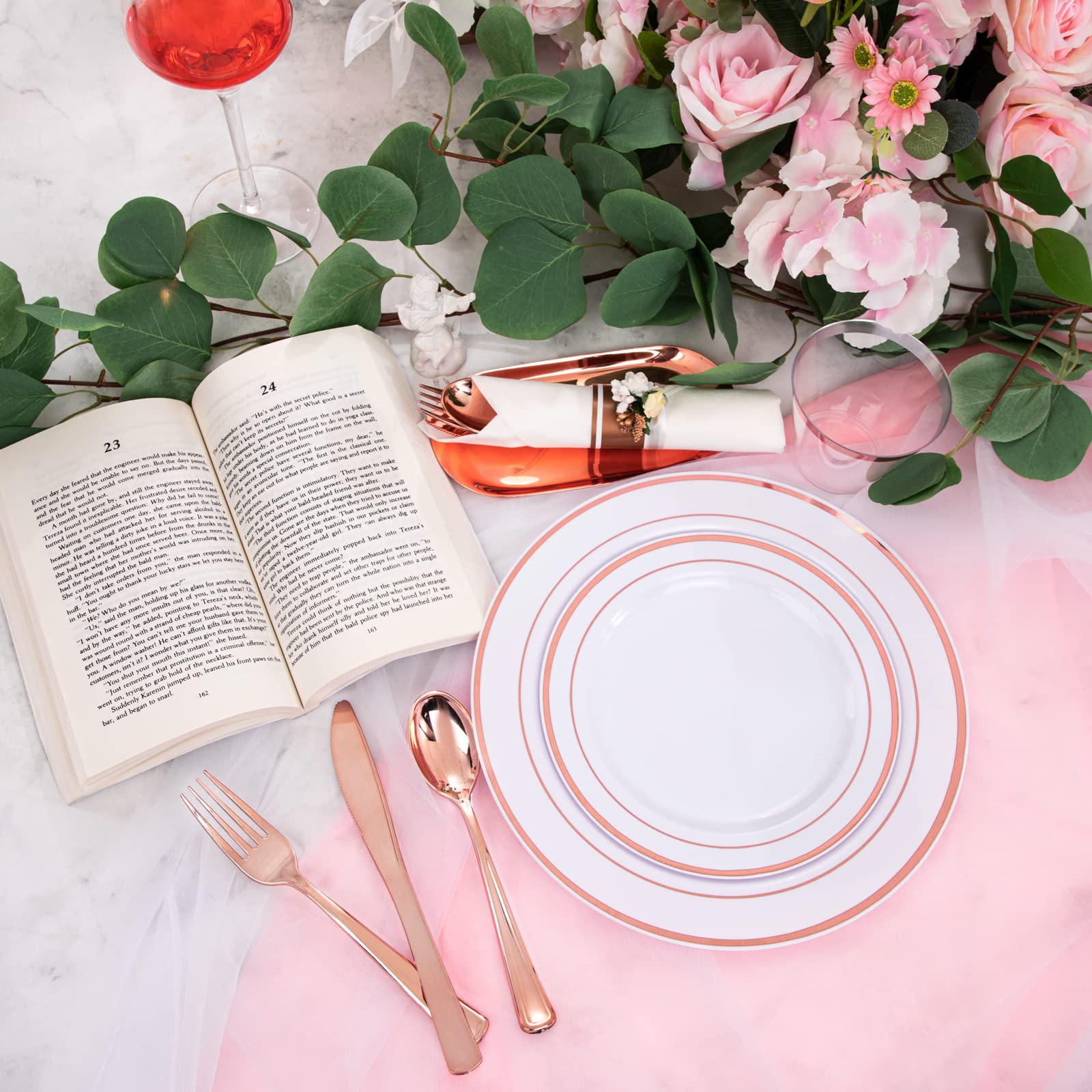 WELLIFE 350-Piece Rose Gold Plastic Dinnerware Set - 50 Disposable Plates, Forks, Knives, Spoons & Cups with 50 Pre-Rolled Napkins - Elegant Wedding, Bridal Shower, Birthday Party & Event Tableware for 50 Guests
