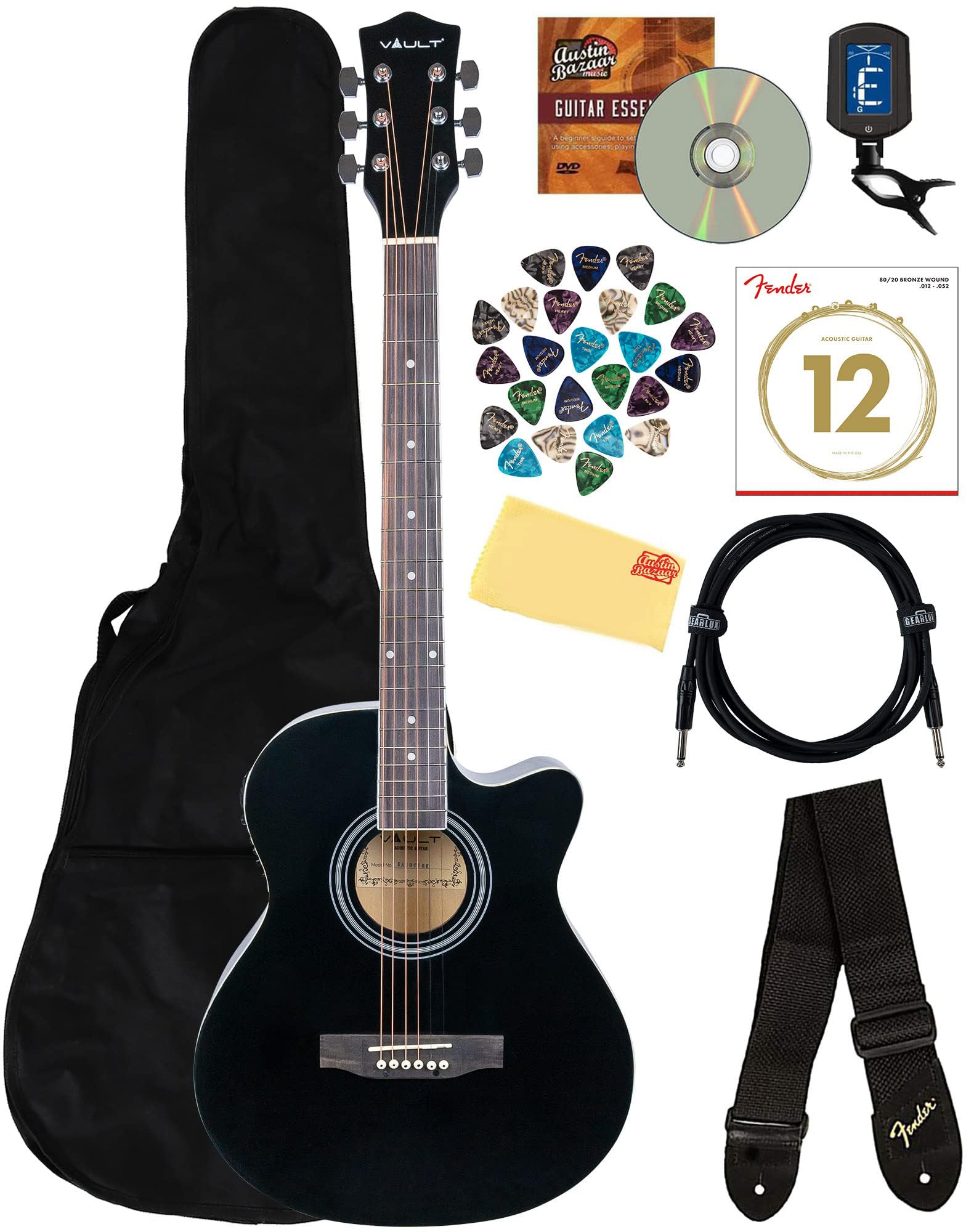 EA-20CE Cutaway Acoustic-Electric Guitar Bundle - Black with Gig Bag, Tuner, Strap, Strings, Cable, Picks & Austin Bazaar DVD | Perfect for Live Performances, Studio Recording & Traveling Musicians