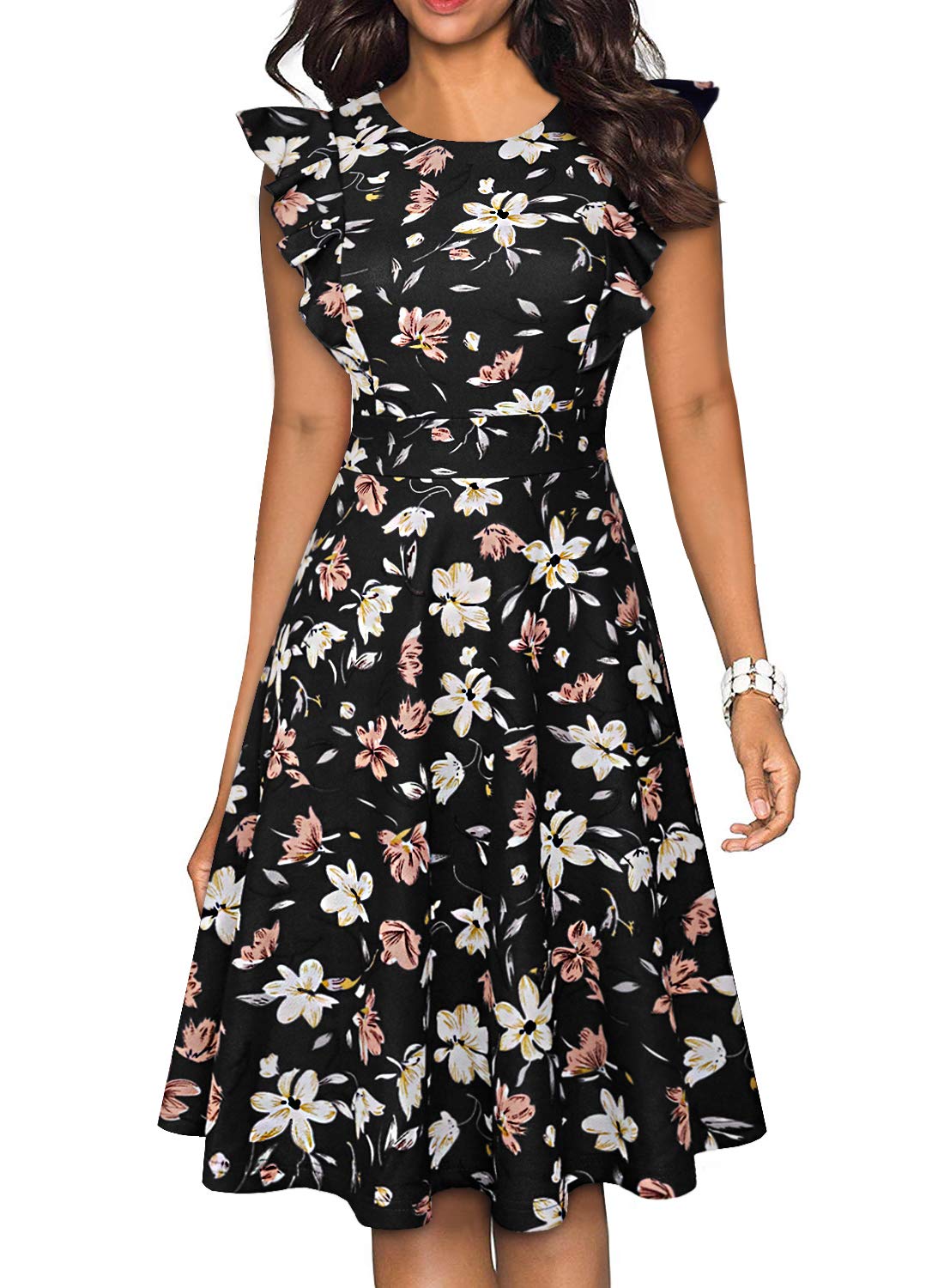 Vintage Floral Ruffle A-Line Swing Dress for Women - Elegant Cocktail Party & Casual Wear - Perfect for Weddings, Date Nights & Special Occasions