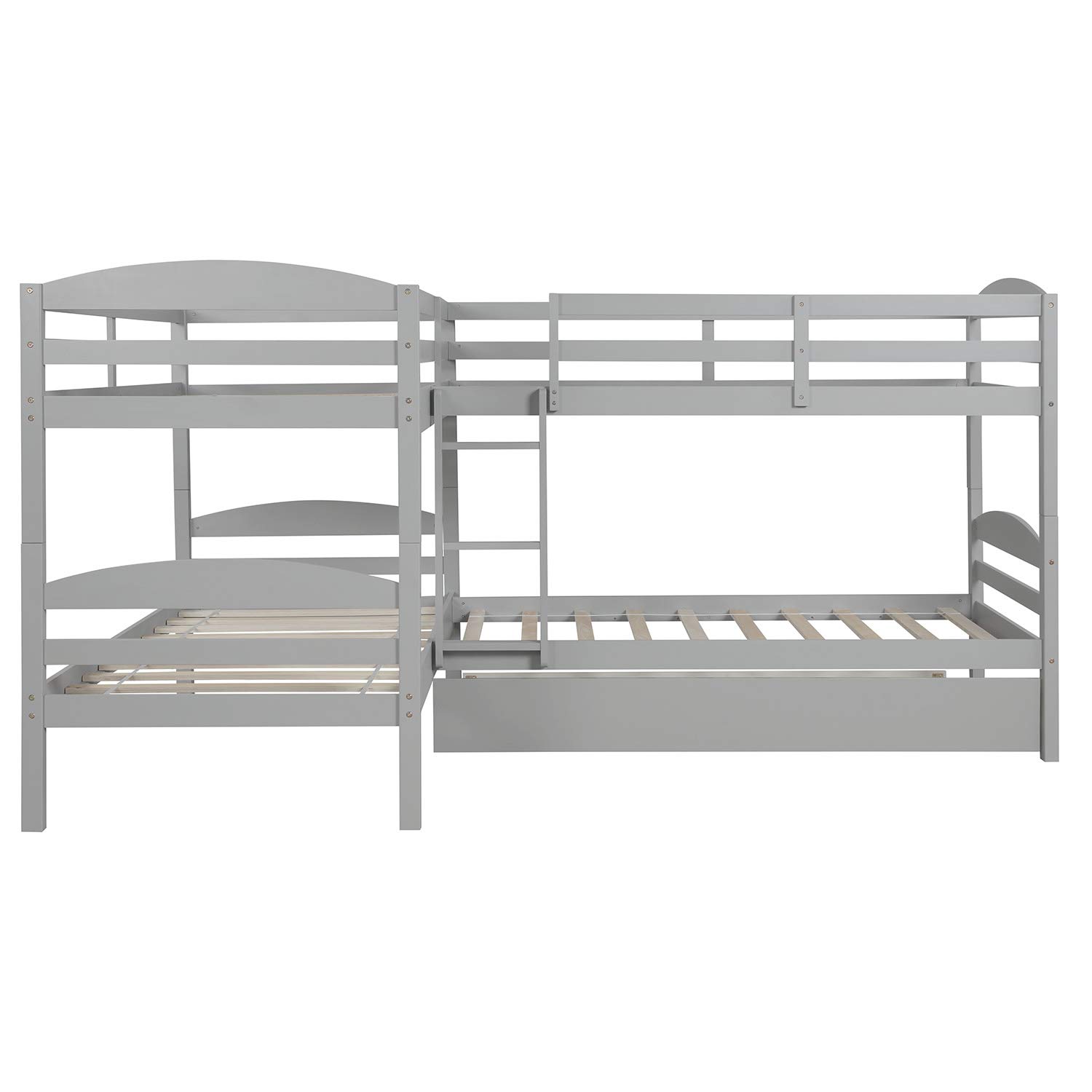Kids Twin Over Twin L-Shaped Corner Bunk Bed with Trundle - 5 Bed Wooden Bunk Bed Frame with Full Guardrails & Flat Ladder (Gray) - Perfect for Small Bedrooms, Guest Rooms & Vacation Homes