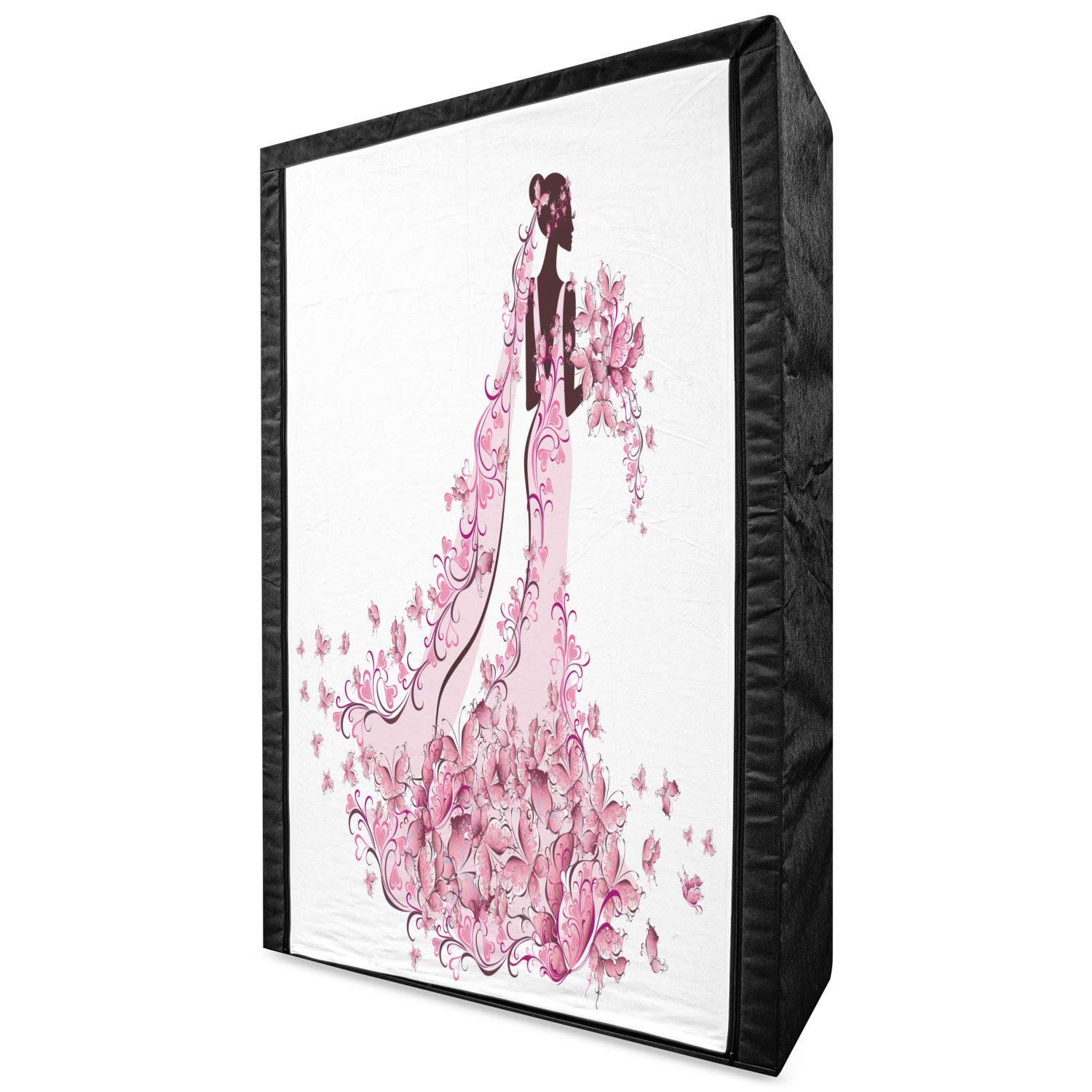Ambesonne Wedding Portable Fabric Wardrobe - Floral Heart Butterfly Print Bridal Gown Organizer with Shelves, 42.5 Inch Clothing Storage Closet in Pale Pink Maroon White - Perfect for Bridal Suite, Wedding Dress Storage & Guest Room Organization