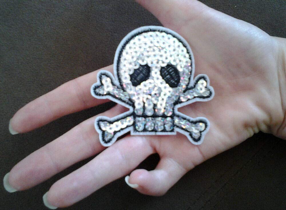 Skull & Bones Embroidered Iron On Patch with Silver Sequin - Biker Punk Goth Style - DIY Clothing Accessories for Jackets, Vests, Bags & Costumes