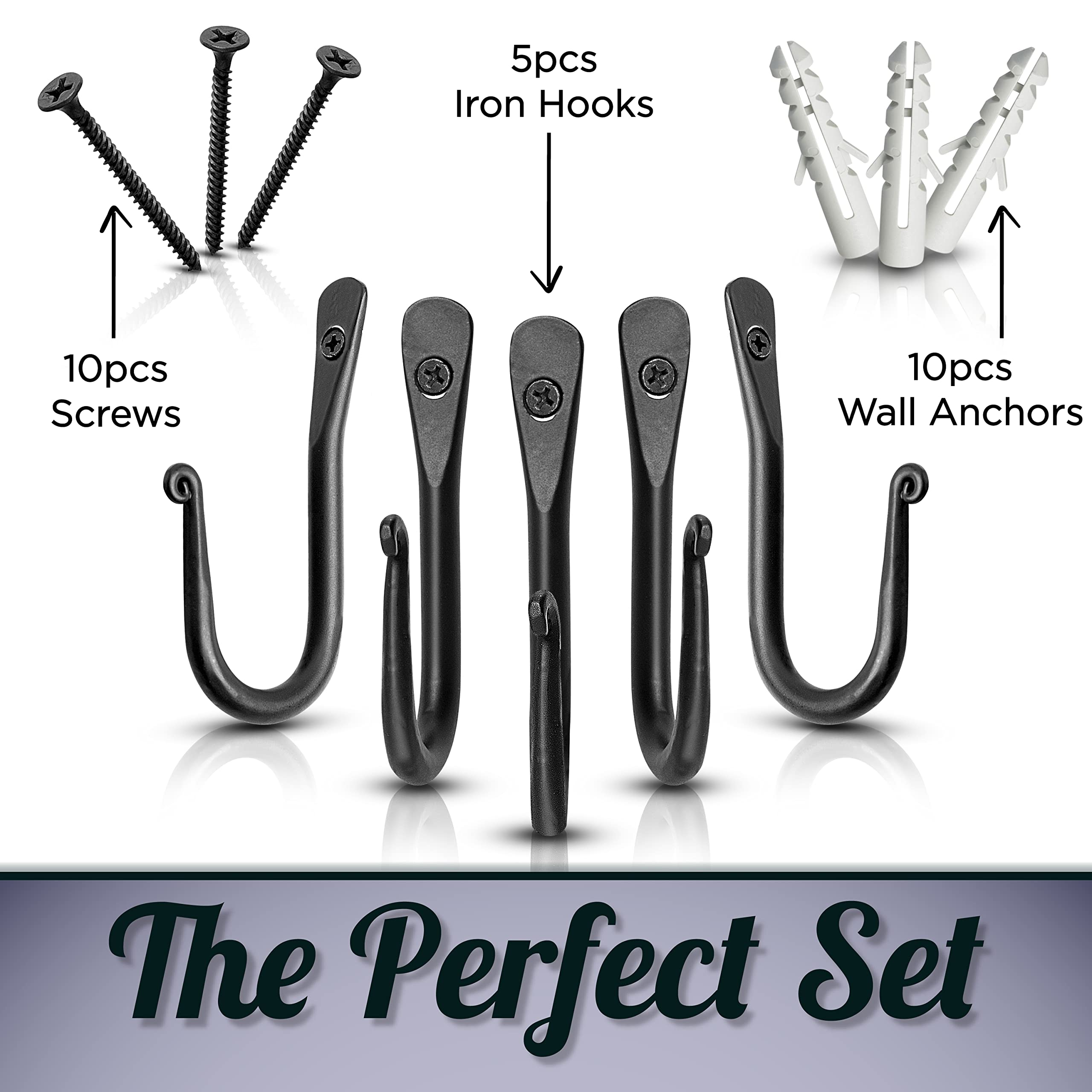 Decorative Wall Hooks for Hanging Coats, Hats, Bags & Towels - Heavy Duty Wrought Iron Hooks - Pack of 5 Black Hooks (2 x 0.35 x 3.75 Inches) - Perfect for Entryway, Bathroom & Kitchen Organization