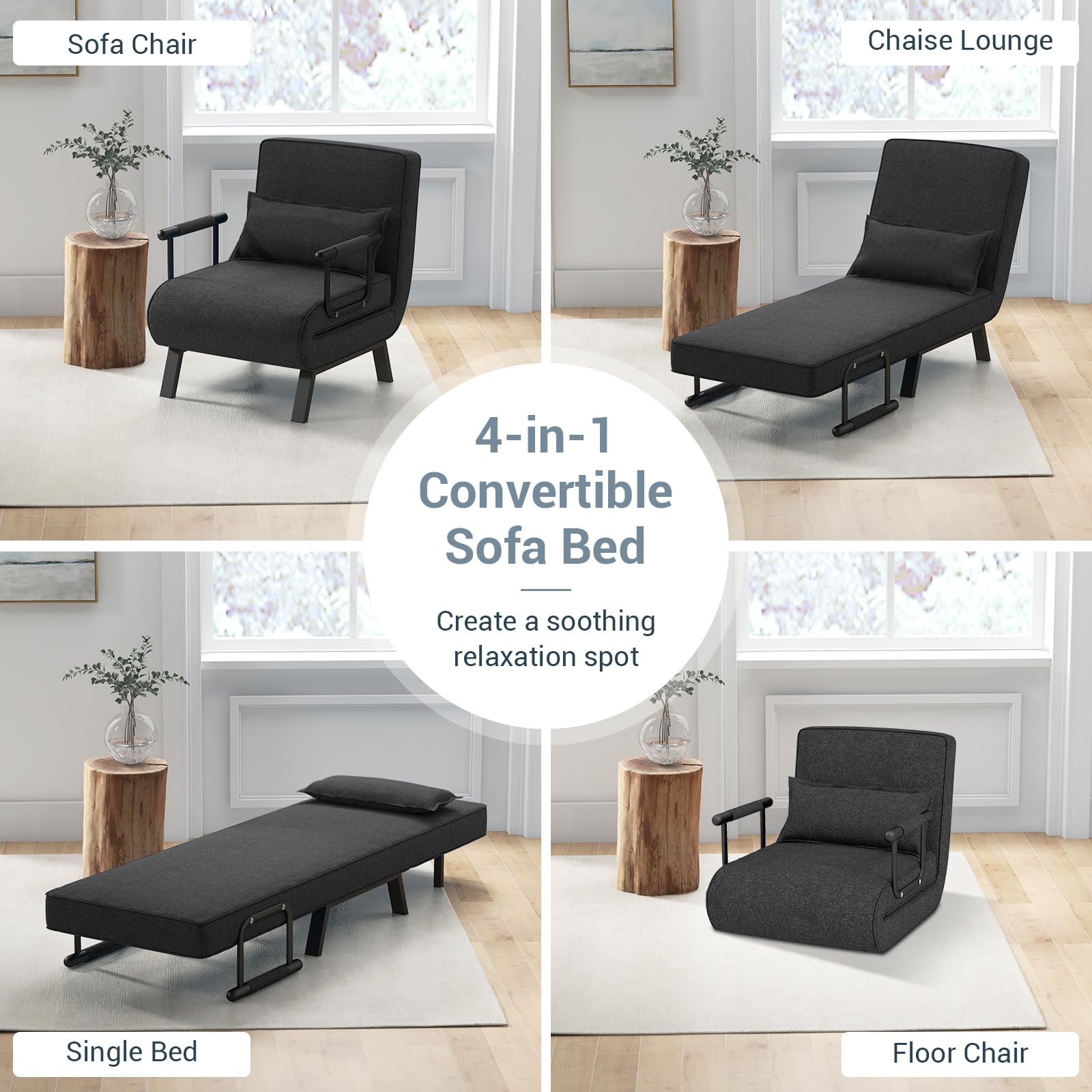 KOMFOTT 4-in-1 Convertible Sleeper Chair Bed - Adjustable Backrest Folding Sofa Bed with Removable Pillow, Upholstered Chaise Lounge for Living Room, Guest Room & Small Spaces (Dark Gray) | Perfect for Apartments, Dorms & Home Offices