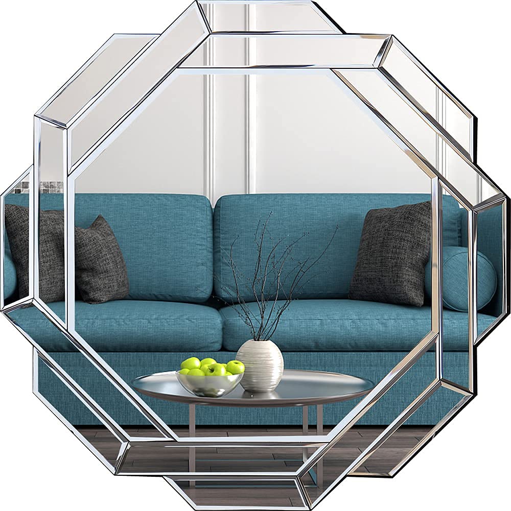 Hexagon Wall Mirror 31.5x31.5 Inches - Silver Frameless Beveled Decorative Mirror for Living Room, Bedroom & Bathroom | Modern Home Decor | Hlartdecor HFY Series