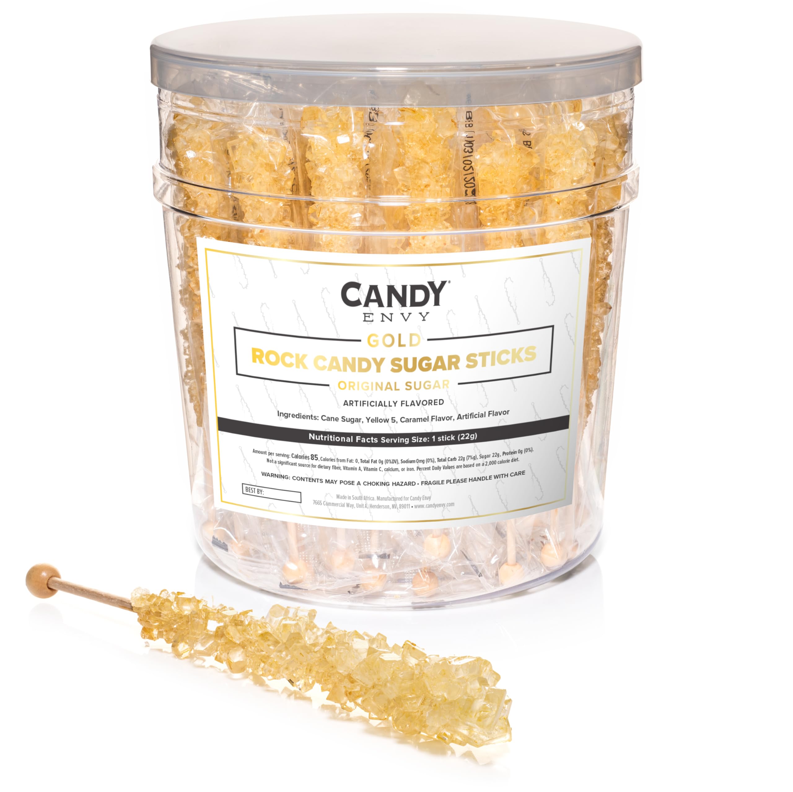 Gold Rock Candy Sugar Sticks - Original Sugar Flavored - 36 Individually Wrapped - Perfect for Parties, Gifts & Coffee/Tea Stirring