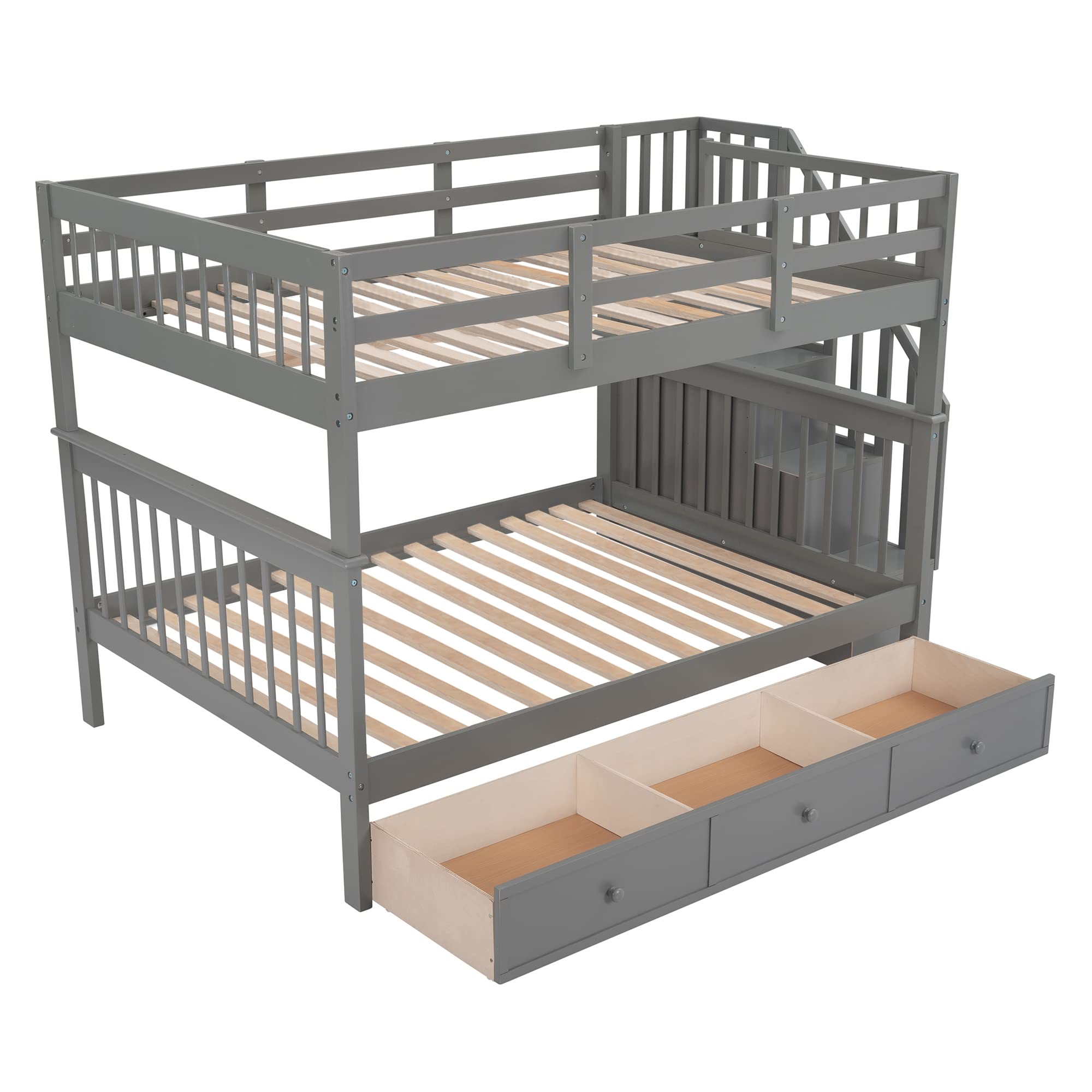 P PURLOVE Full Over Full Bunk Bed with Storage & Stairs - Convertible to 2 Twin Beds for Teens & Adults - Space Saving Solution for Small Rooms