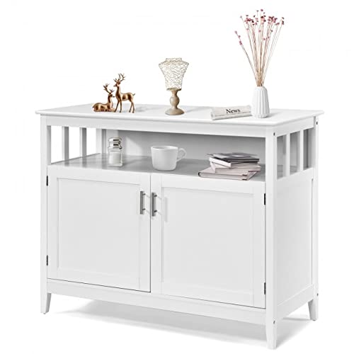 White Wooden Sideboard Buffet Cabinet with 2 Doors & Open Shelf - Kitchen Storage, Dining Room Console, Server Island Table - Perfect for Home, Office, and Restaurant Use