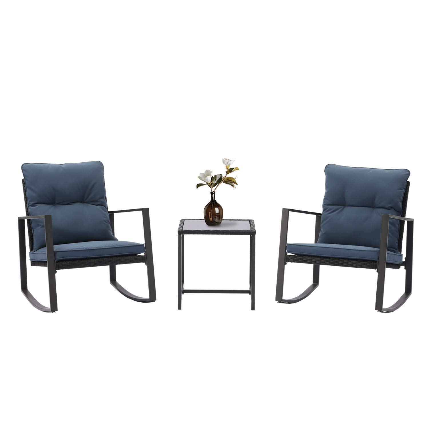 HOMPUS 3-Piece Outdoor Wicker Patio Furniture Set with Blue Cushions - 2 Rocking Chairs & Tempered Glass Coffee Table - Perfect for Garden, Balcony, Backyard Relaxation and Entertaining Guests
