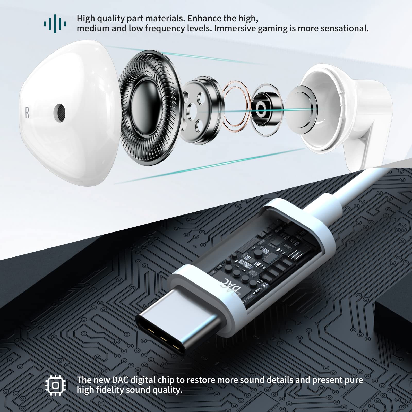 Premium HiFi Stereo USB-C Wired Earbuds with Microphone & Volume Control - Compatible with iPhone 16/16E/15 Pro Max, Samsung Galaxy S25 Ultra/S24 FE/A26, iPad 10/11 & Google Pixel 9 - Perfect for Gaming, Work Calls & Music Listening