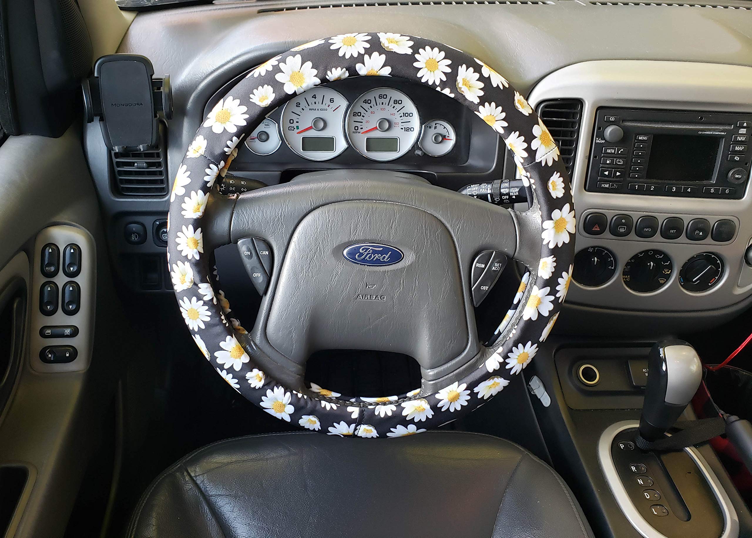 Premium Daisy Floral Steering Wheel Cover - Lightly Padded, Universal Fit for Cars (Black/White/Red/Yellow) | Comfort Grip & Stylish Car Accessory for Daily Driving & Road Trips