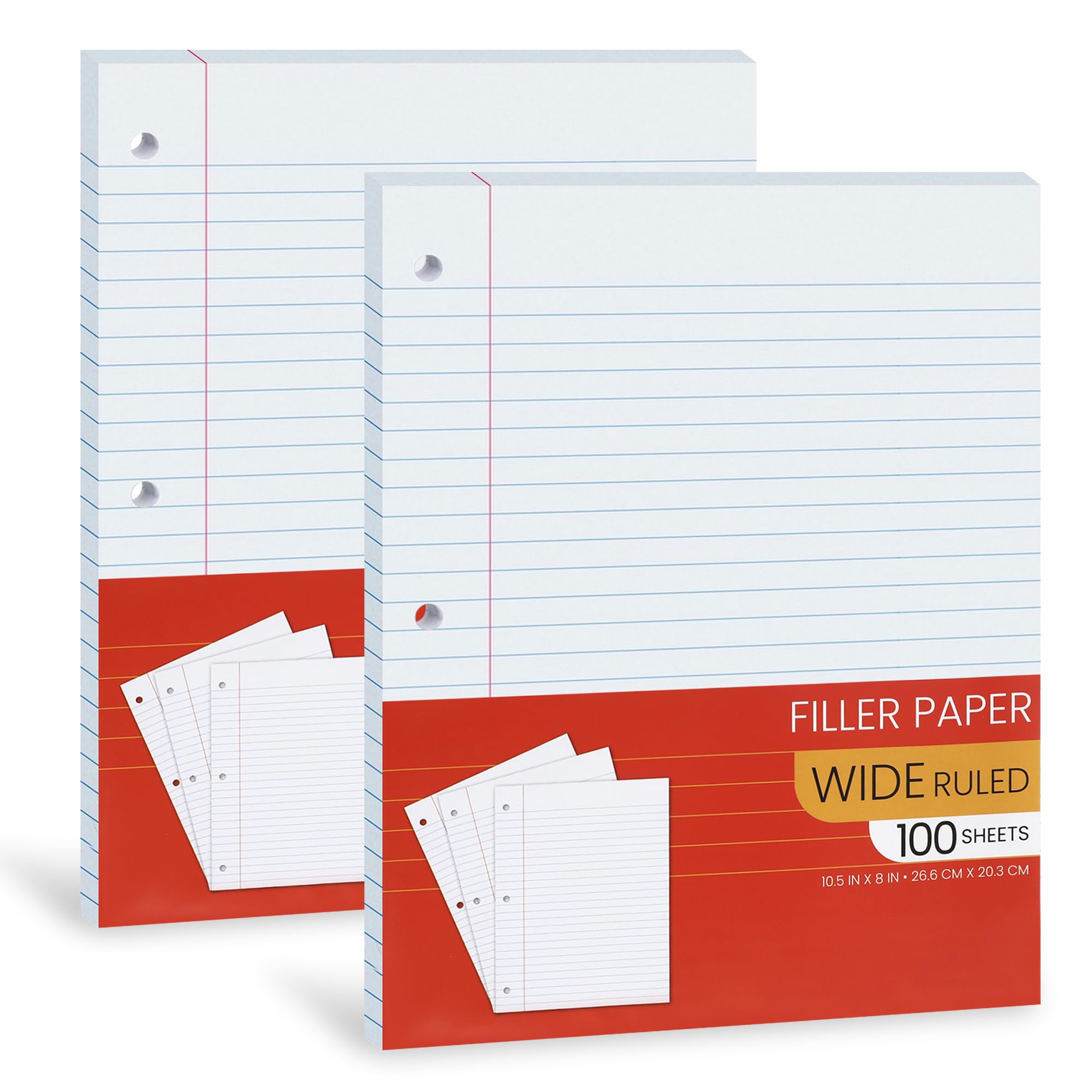 Wide Ruled Notebook Paper Bulk - 10.5” x 8” Loose Leaf Filler Paper for 3 Ring Binders, 100 Sheets per Pack (2 Pack) - Perfect for Students, College, School & Office Use - Ideal for Note Taking, Homework & Classroom Assignments