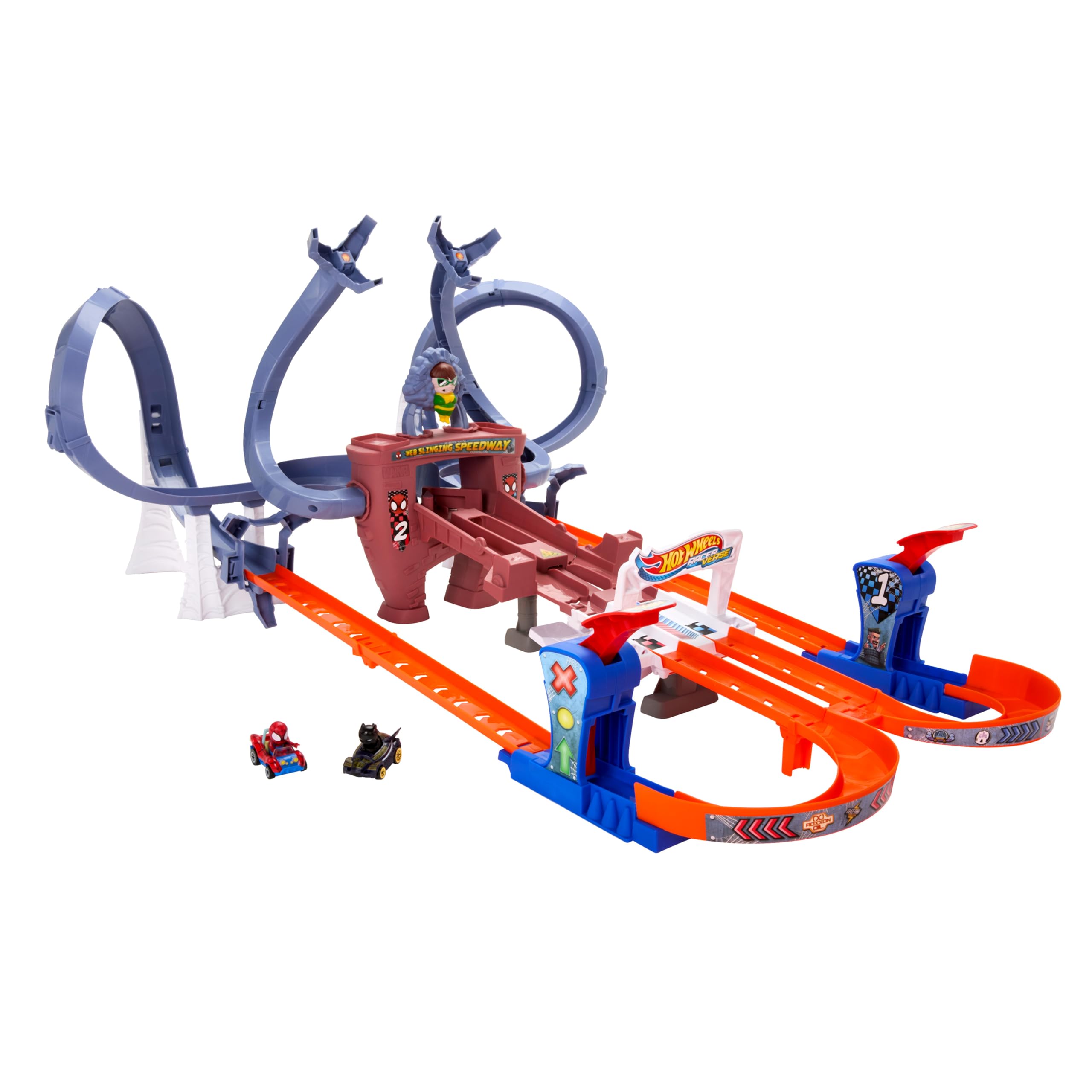 Hot Wheels Spider-Man RacerVerse Web Track Toy Car Set with 2 Action Figures, for Kids Ages 4+ | Mattel HPL34 | Superhero Race Playset for Indoor & Outdoor Play