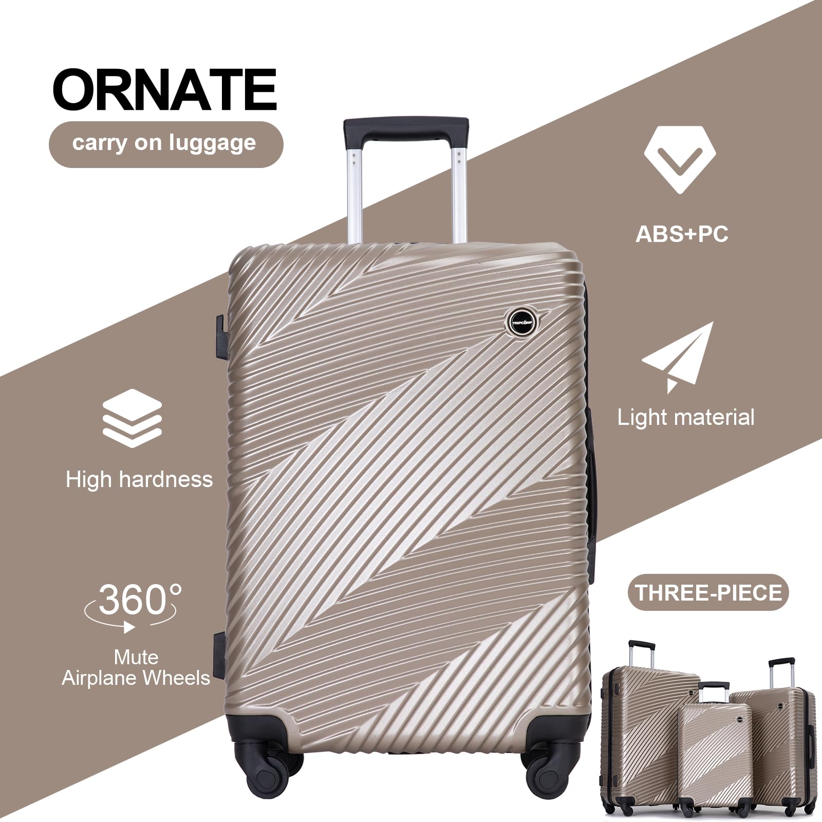 3-Piece Hardside PC ABS Luggage Set with Spinner Wheels - Lightweight 20/24/28 Inch Carry-on & Checked Suitcases in Gold | Perfect for Business Travel, Family Vacations & International Trips