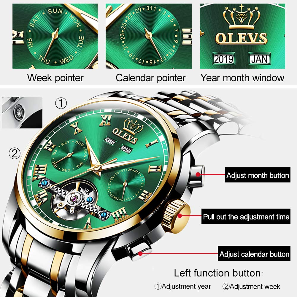 OLEVS Automatic Self-Winding Men's Watch - Stainless Steel Tourbillon Mechanical Watch with Luminous Hands, Waterproof Luxury Dress Watch for Business, Formal & Special Occasions