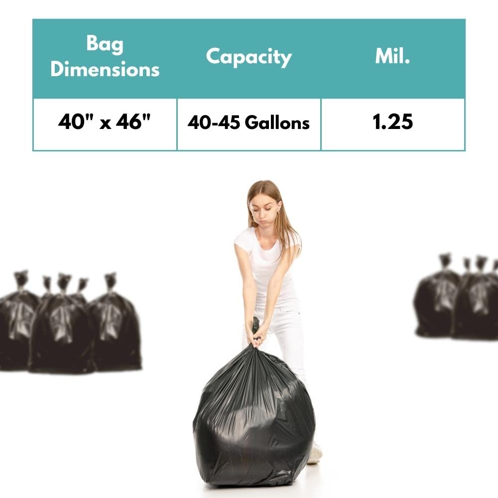 40-45 Gallon Heavy Duty Black Trash Bags - 100 Count, 1.25 Mil Thick Commercial Grade - Perfect for Kitchen, Warehouse, Office & Janitorial Use - Extra Large Garbage Can Liners for Heavy Waste Disposal