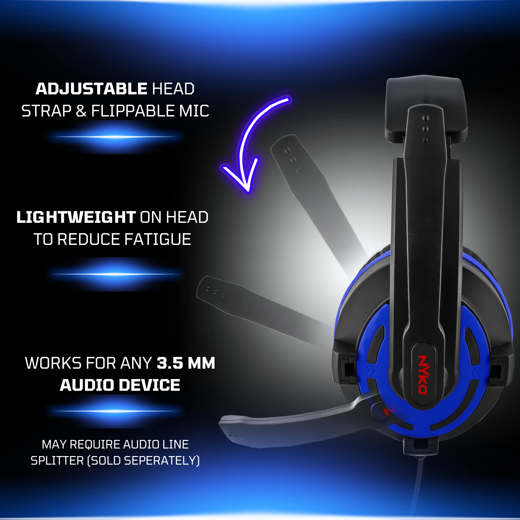Nyko NP-2600 Wired Gaming Headset for PS4 & PS5 - Lightweight Over-Ear Headphones with Adjustable Noise-Canceling Mic - Compatible with Xbox One/X/S & Nintendo Switch - Perfect for Online Multiplayer & Streaming (Black/Blue)