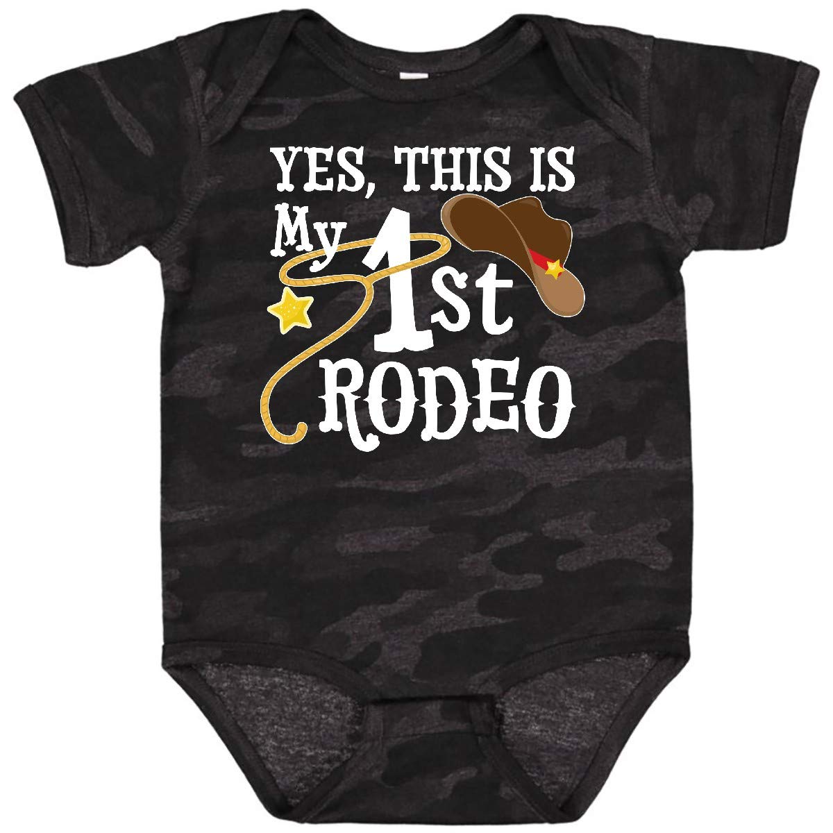 Inktastic 'Yes, This Is My 1st Rodeo' Cowboy Hat with Red Band Baby Bodysuit - Cute Western Outfit for Rodeo, Cowboy Theme Parties & Photoshoots