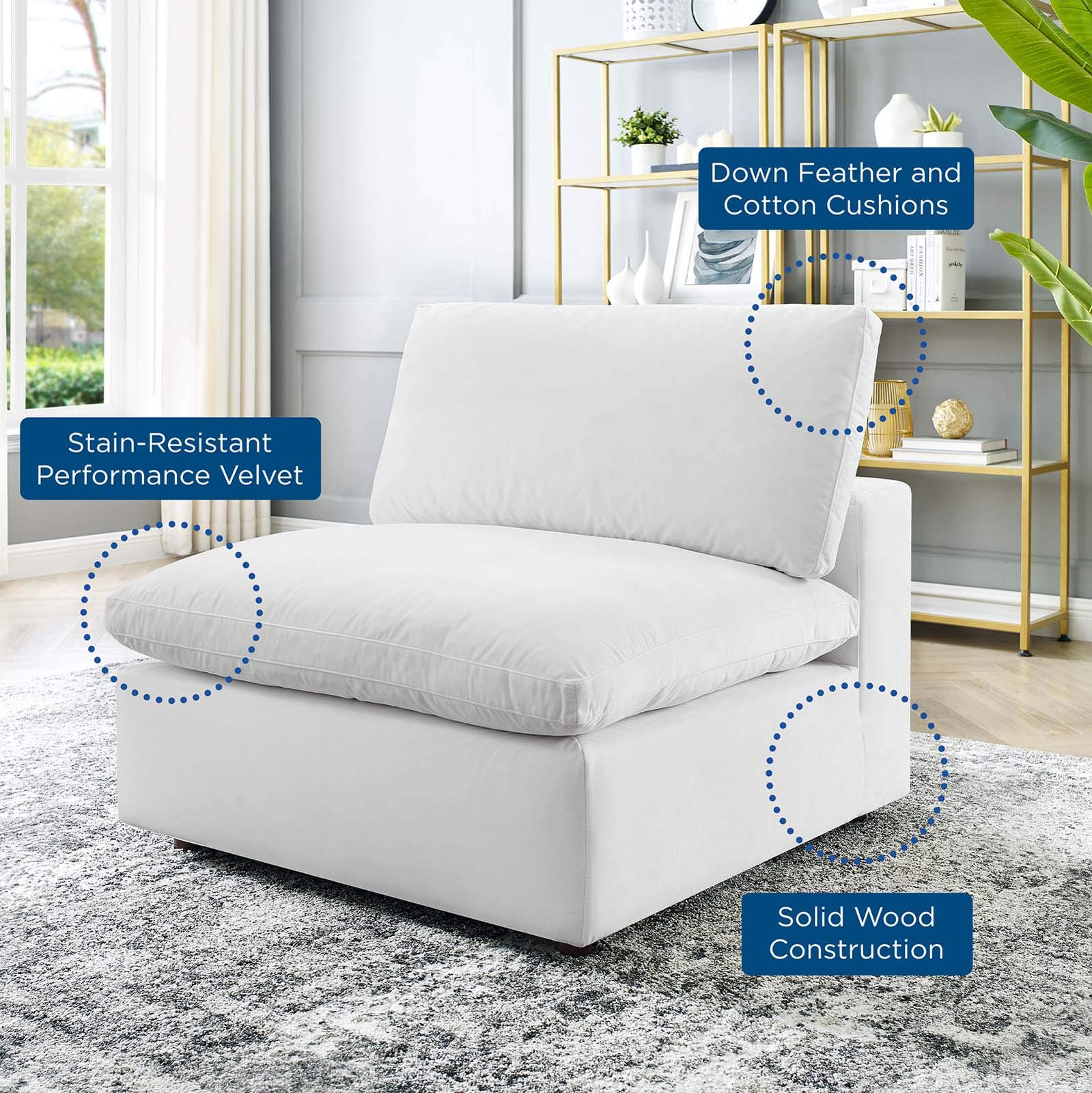 Modway Commix Down-Filled Overstuffed Performance Velvet Sectional Sofa Armless Chair - Luxurious Velvet Living Room Seating for Modern Home & Apartment Decor