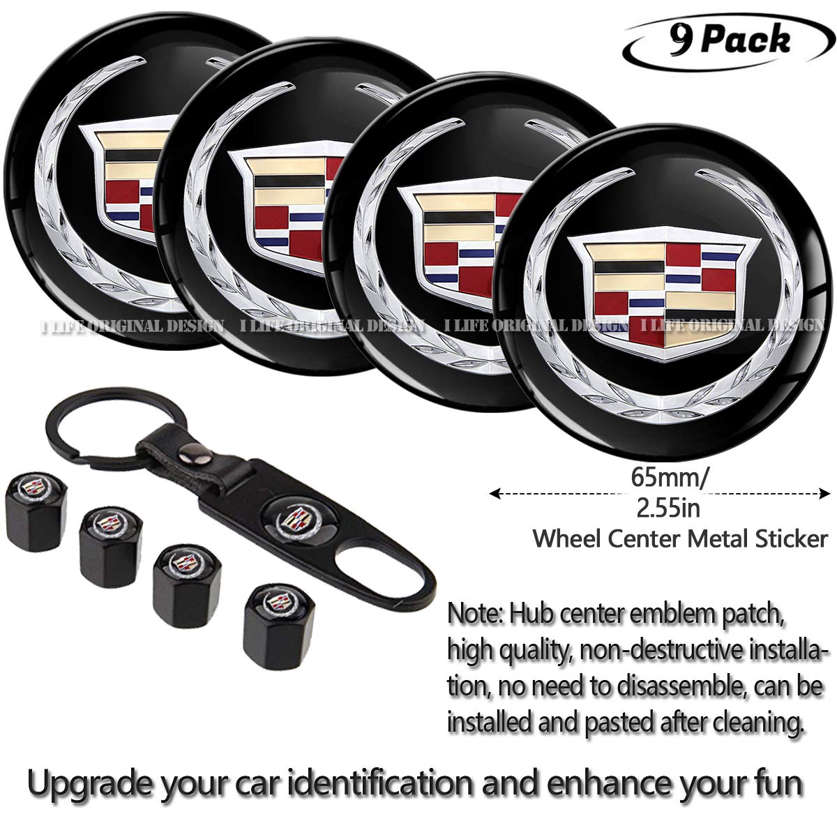 9-Piece 65mm Cadillac Emblem Badge Sticker Set - Wheel Hub Center Caps + Tire Valve Stem Covers + Keychain - Compatible with Cadillac Models - Perfect for Car Customization & Accessories Upgrade